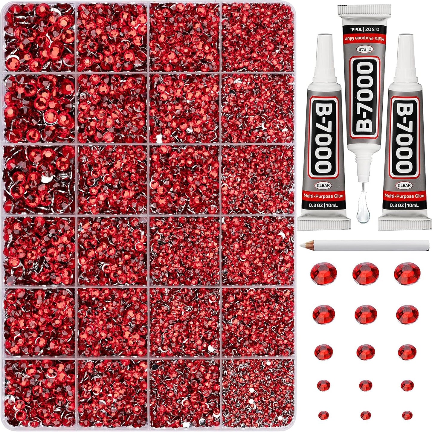 Red Rhinestones Bedazzler Kit - 6500 Pcs Flatback Crystals & B7000 Glue | 2-6mm Resin Gems for Crafts, Clothes, Shoes, Nails
