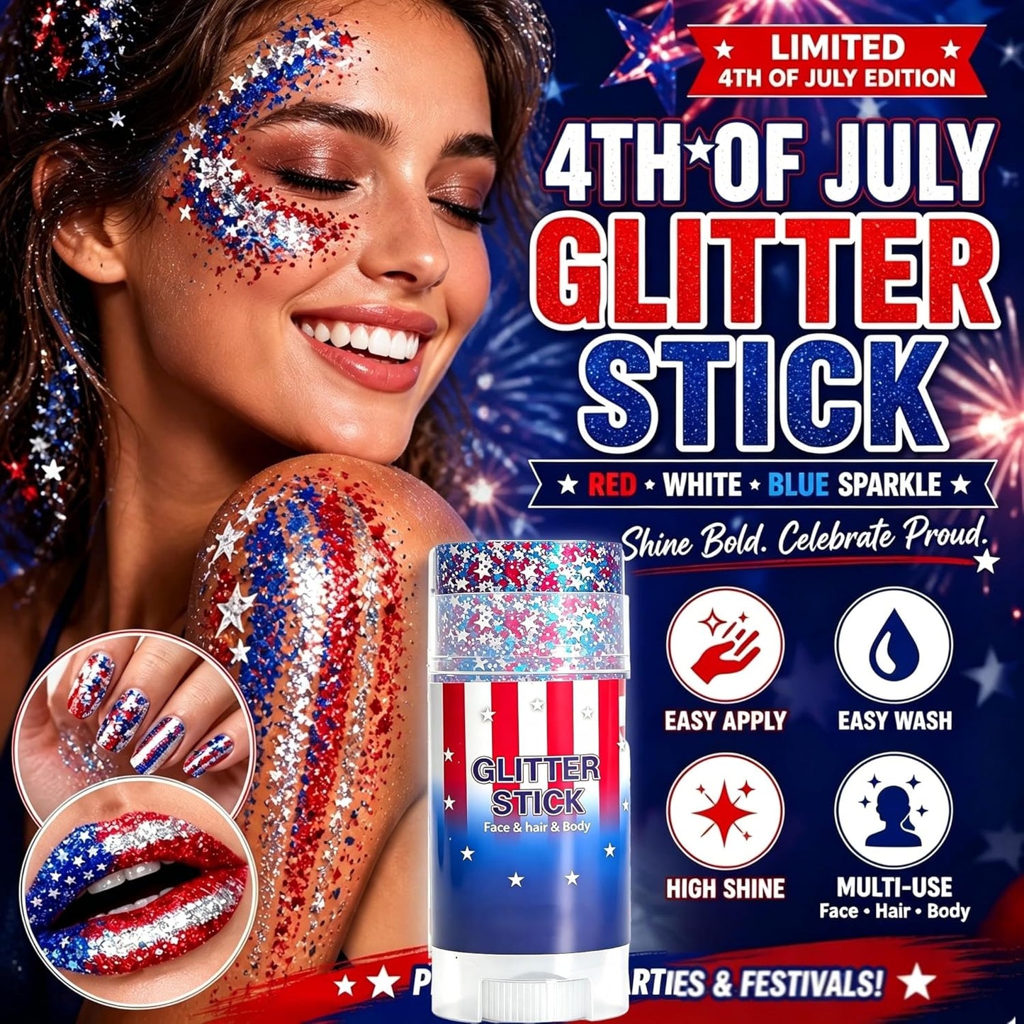 Patriotic Red White Blue Glitter Stick - Waterproof Face & Hair Glitter for 4th of July Celebrations | 250th Anniversary