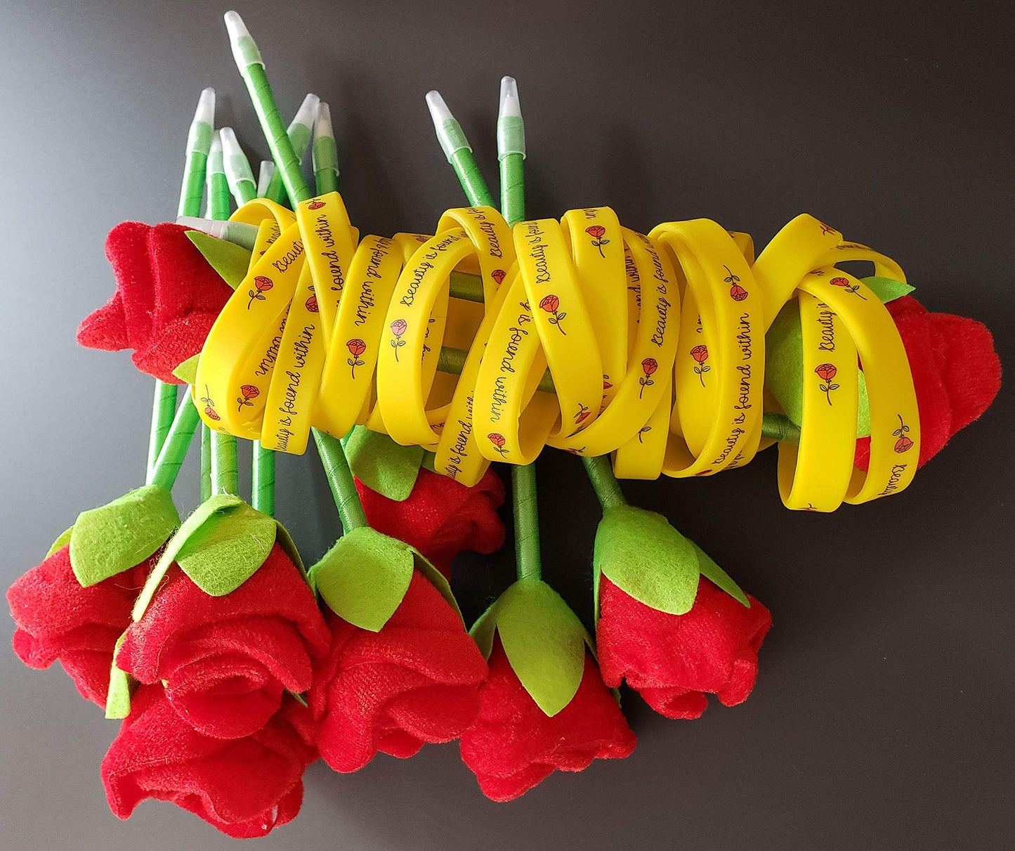 Rose Beauty Wristband Party Favors, 24 Pack Silicone Bands Beauty and the Beast Theme Bracelets for Girl Power Teens Tween Birthday Supplies Celebration Positive Message - Silicone Bracelets for Girls
