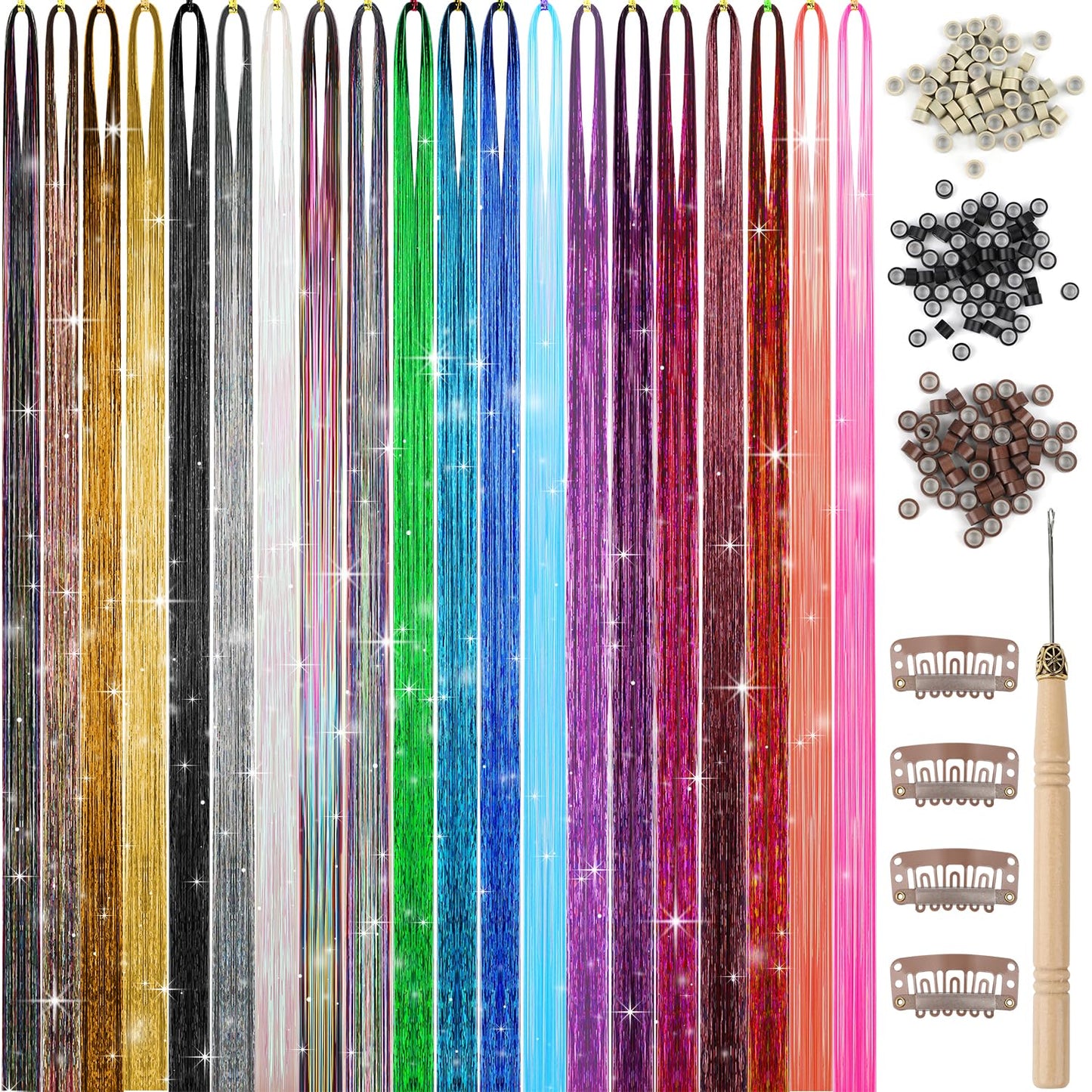20 Colors Hair Tinsel Kit, 47 Inches 4800 Strands Glitter Tinsel Hair Extensions, Heat Resistant Fairy Hair Tinsel Kit with Tools for Girls Women Christmas New Year Halloween Cosplay Party