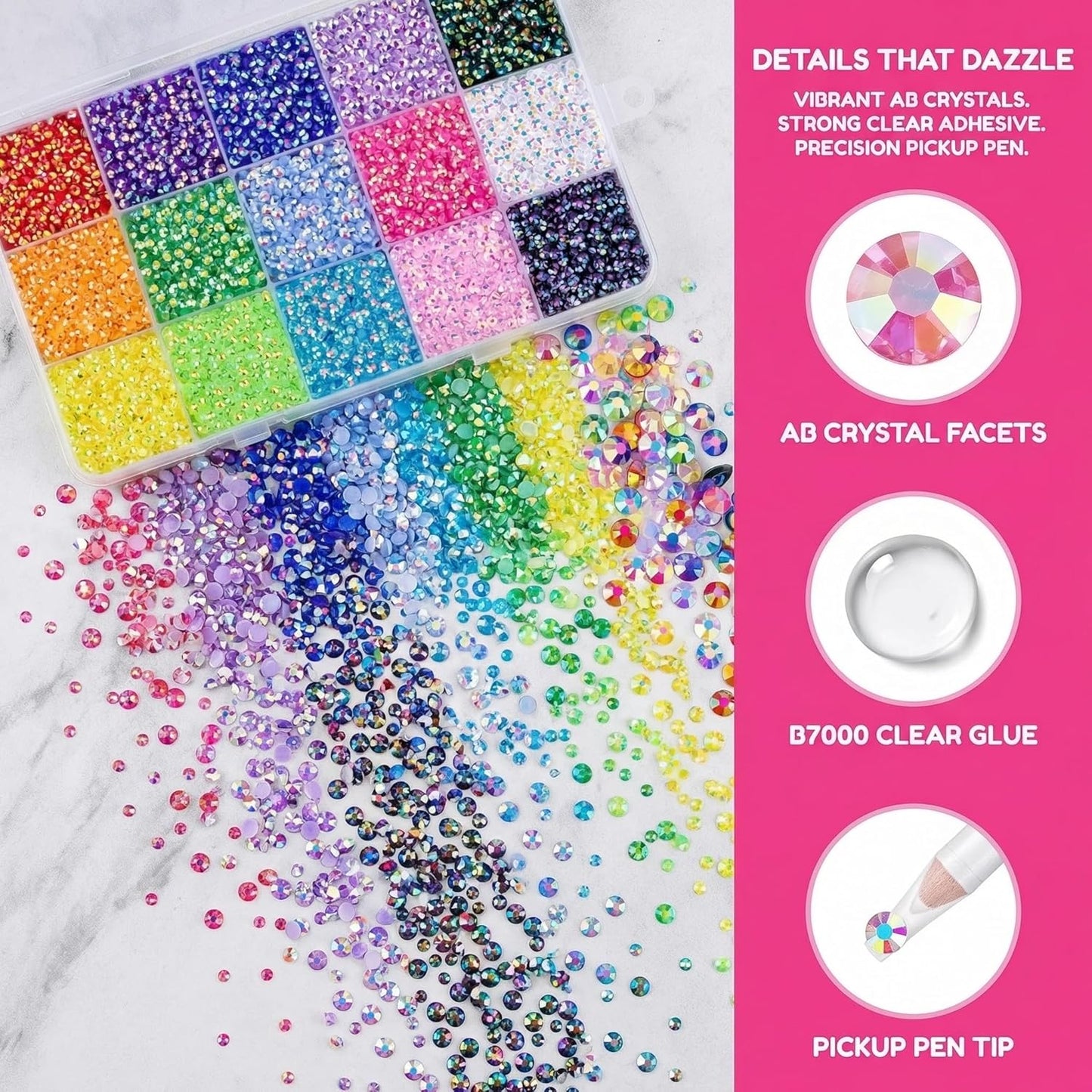 40-Color Resin Jelly Rhinestones Kit - Flatback Gems for DIY Crafts, Nail Art & Clothing | Includes 3 Glue Tubes & Tools, 18000 Pcs