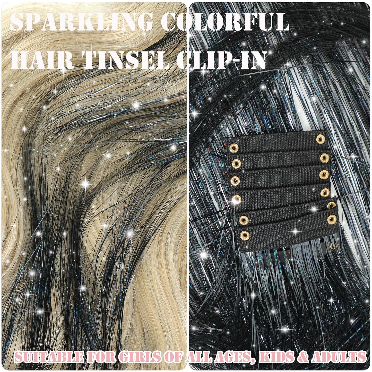 Aouuhe Hair Tinsel Kit 18 Pcs Clip in Hair Tinsel 20.5 Inch Glitter Fairy Tinsel Hair Extensions Clip in Black Sparkle Heat Resistant Daily Party Festival Hair Accessories for Women Girls (Black)