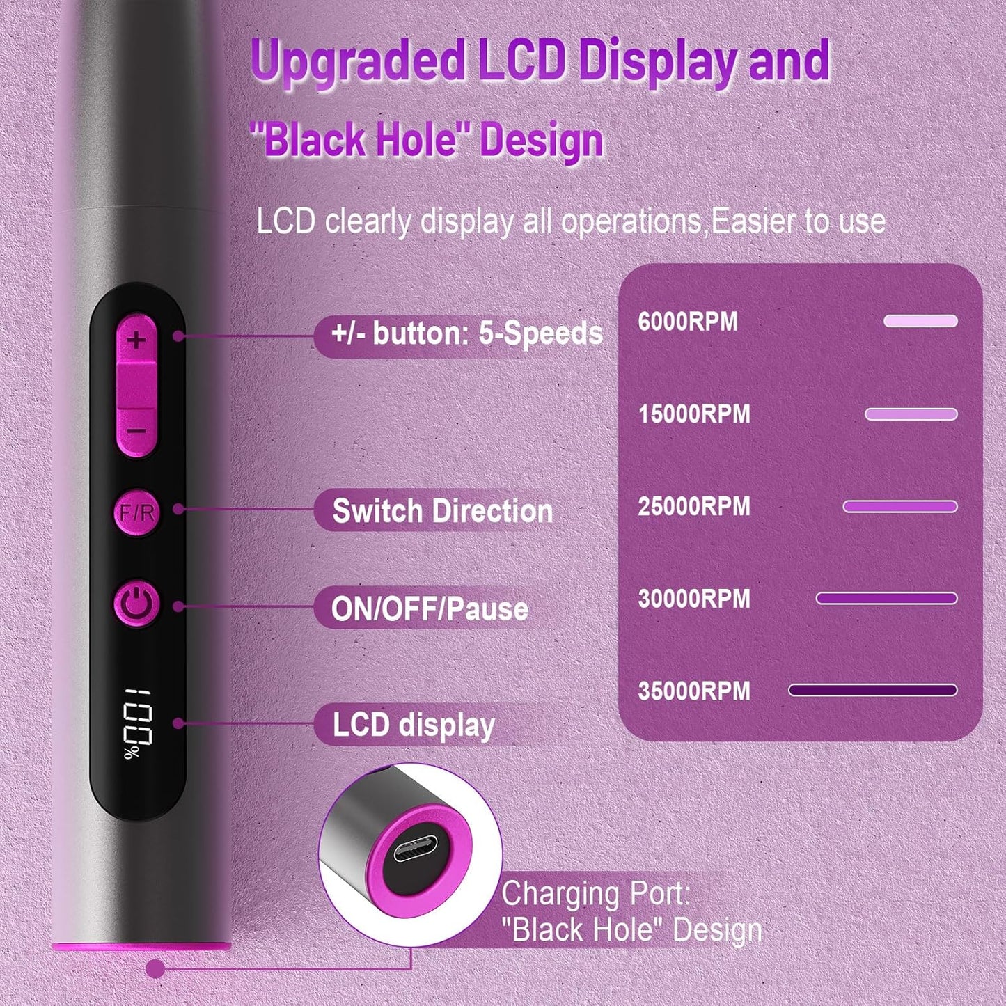 Electric Nail Drill - Professional 35000RPM Cordless Acrylic Nail Kit | Matte Gray Manicure & Pedicure Tool