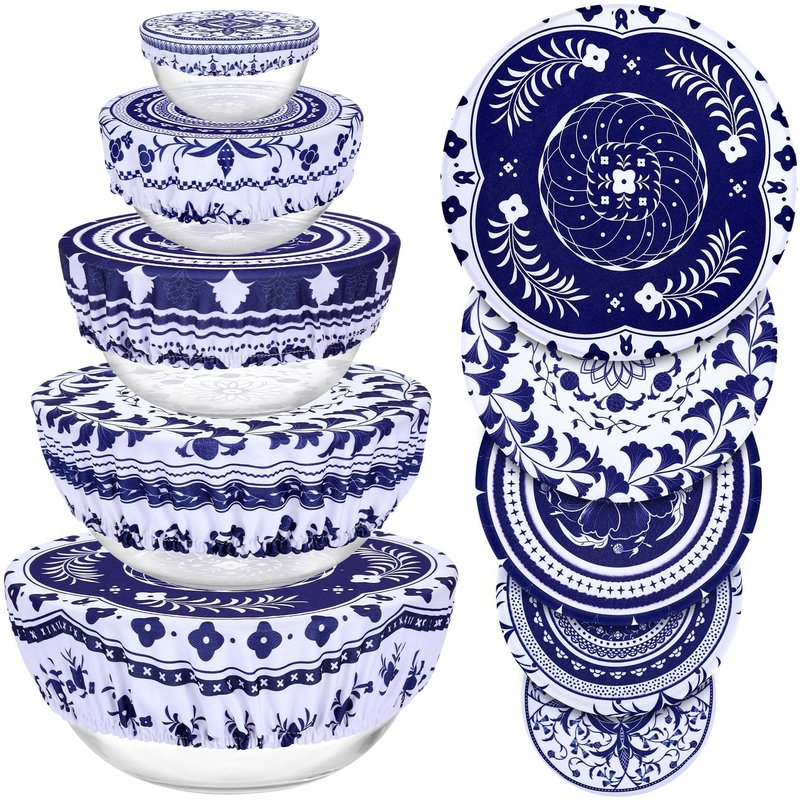 Revahope 5 Pieces Bowl Covers Reusable, 5 Multi-Size Elastic Cloth Fabric Bowl Covers for Bread Proofing Stretch Food Covers Washable for Food Fruits Leftover (Blue)