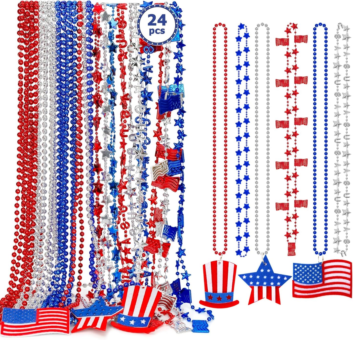 Patriotic 4th of July Necklace Set | 12PCS Red, White & Blue Beads with USA Flags for Independence Day Celebrations