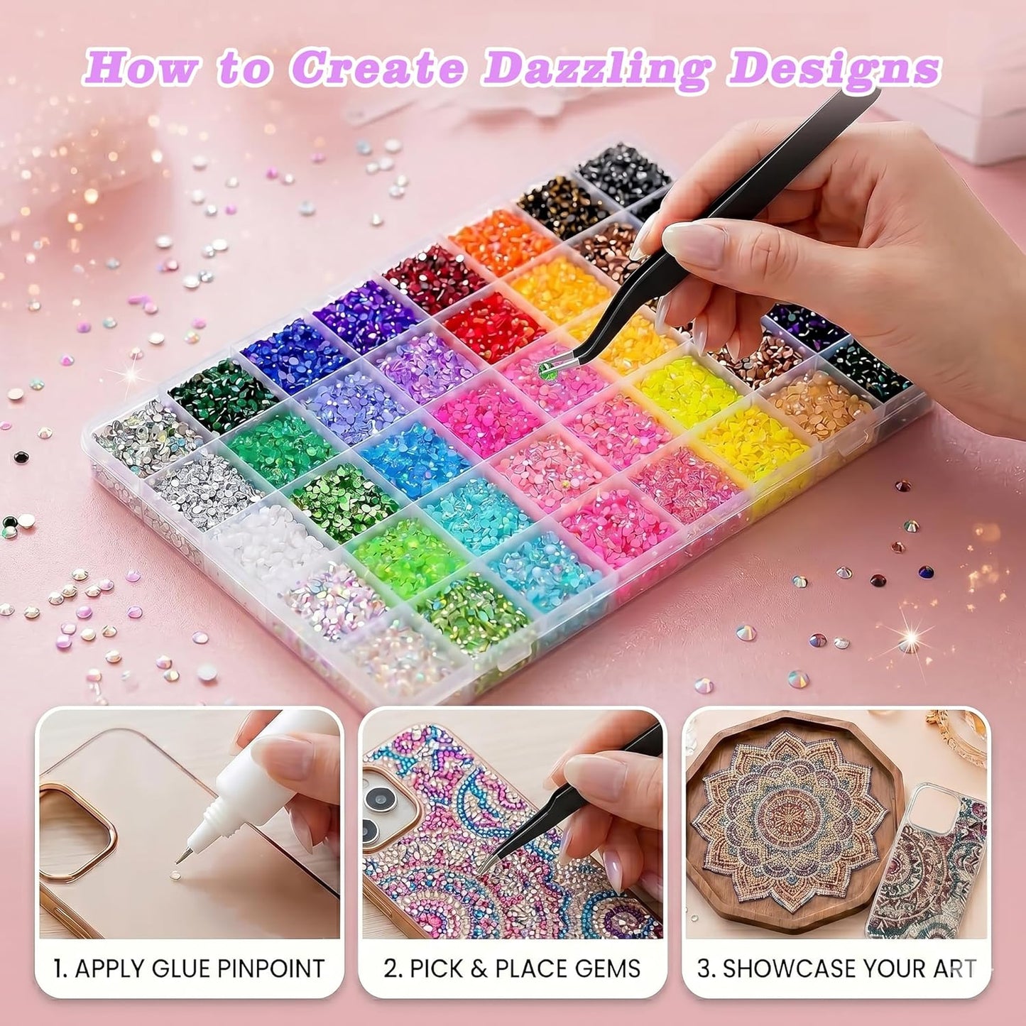 Bedazzling Rhinestones Kit - 33,000 Pcs 3mm Flatback Gems with Glue, Tweezers & Sorting Tray for Nail Art & Crafting