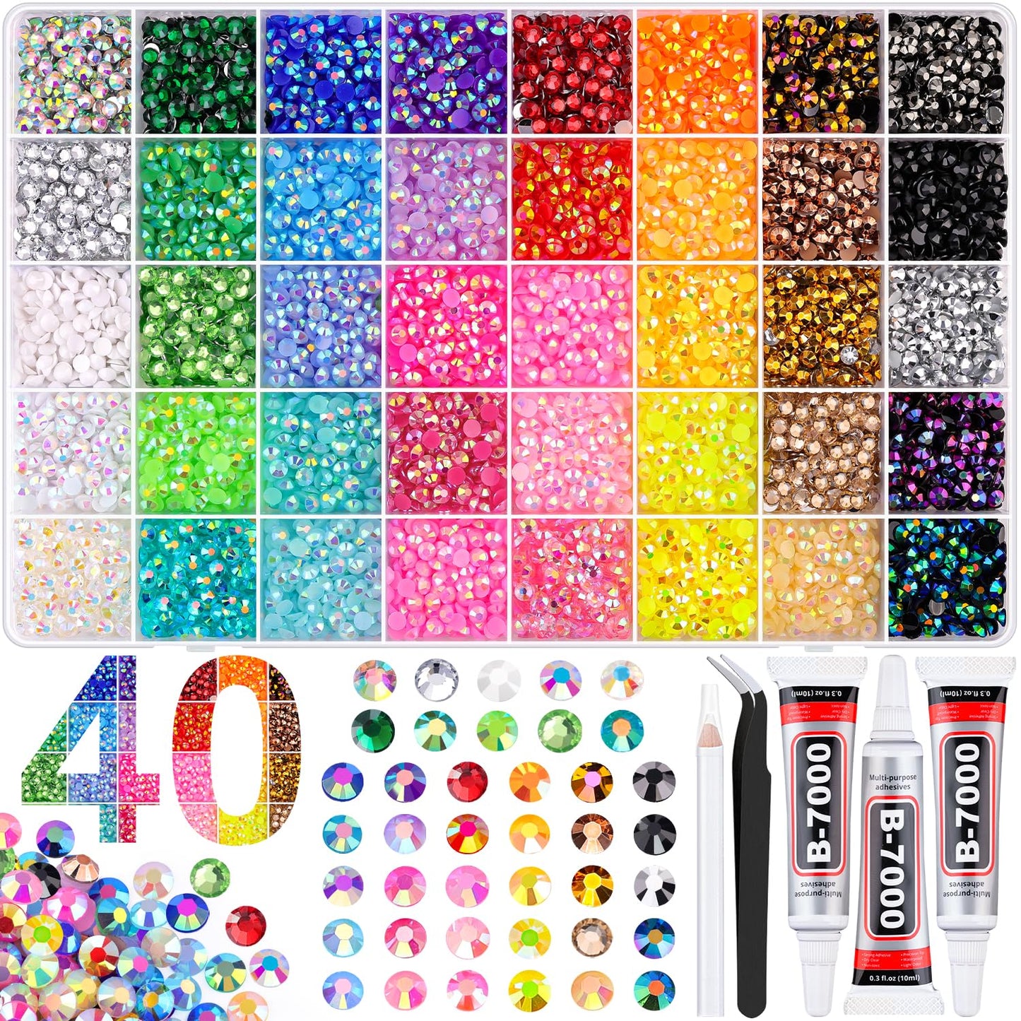 BELLEBOOST Jelly Rhinestones Bedazzling Kit - 45000 Pcs, 40 Colors, 3mm Flatback Gems for Crafting | Includes 3 Pcs B7000 Glue