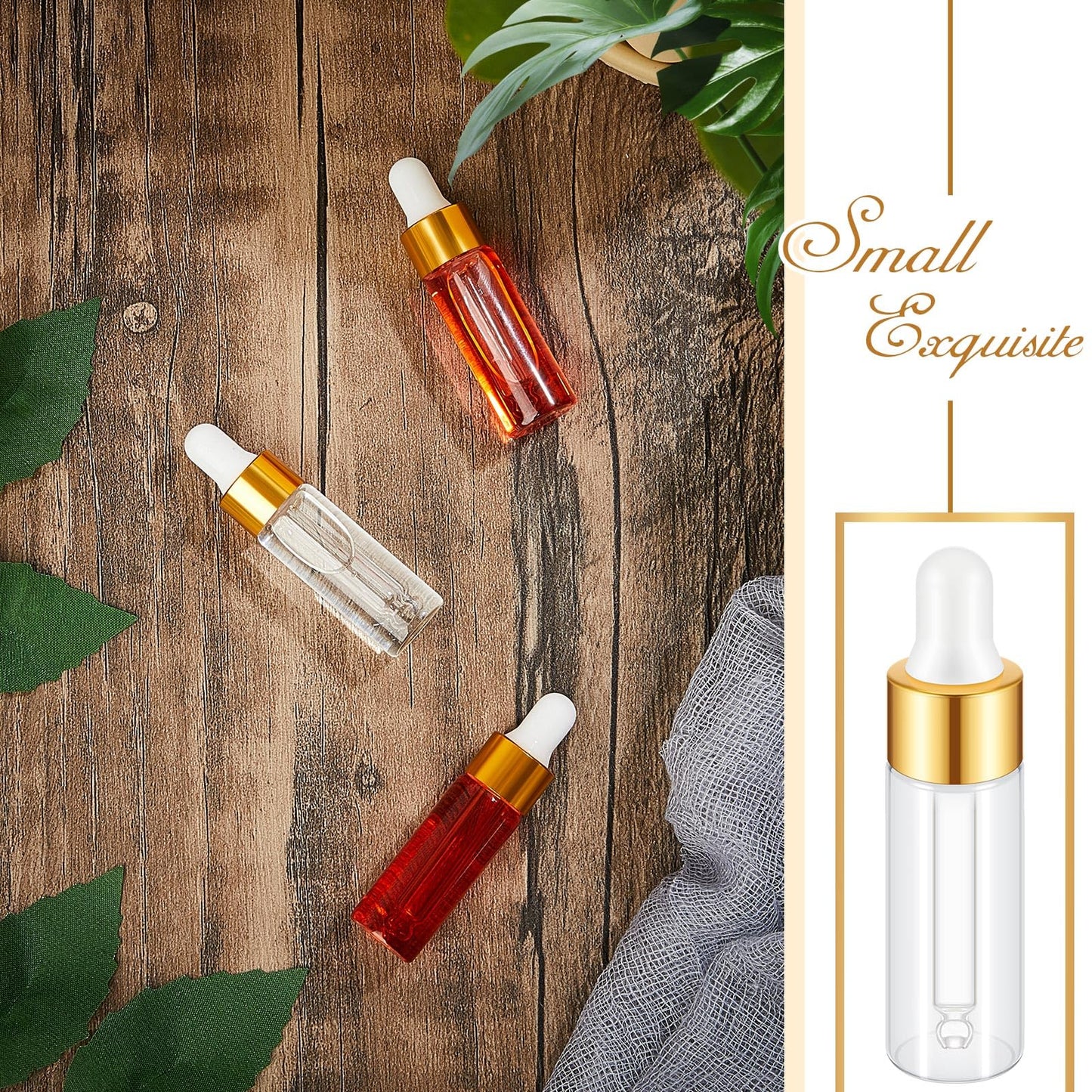 Didaey 12 Pcs 5 ml Mini Glass Oil Dropper Bottle Bulk, Clear Essential Small Empty Bottles Sample Containers Perfume Liquid Vials with Cap for Traveling (Champagne Gold)