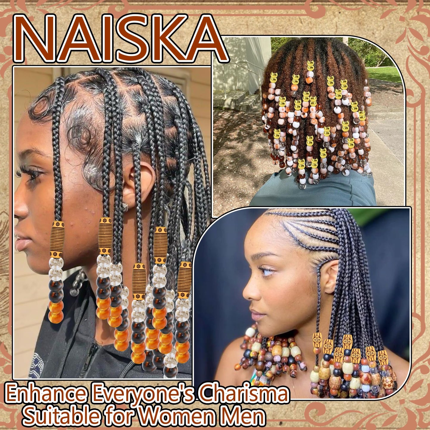 NAISKA 60PCS Wood Hair Beads for Braids Brown Long Tube Beads 7 Styles Hair Jewelry for Women Braids Acrylic Round Imitation Wood Dreadlock Bead African Braids Accessories for Women Girls