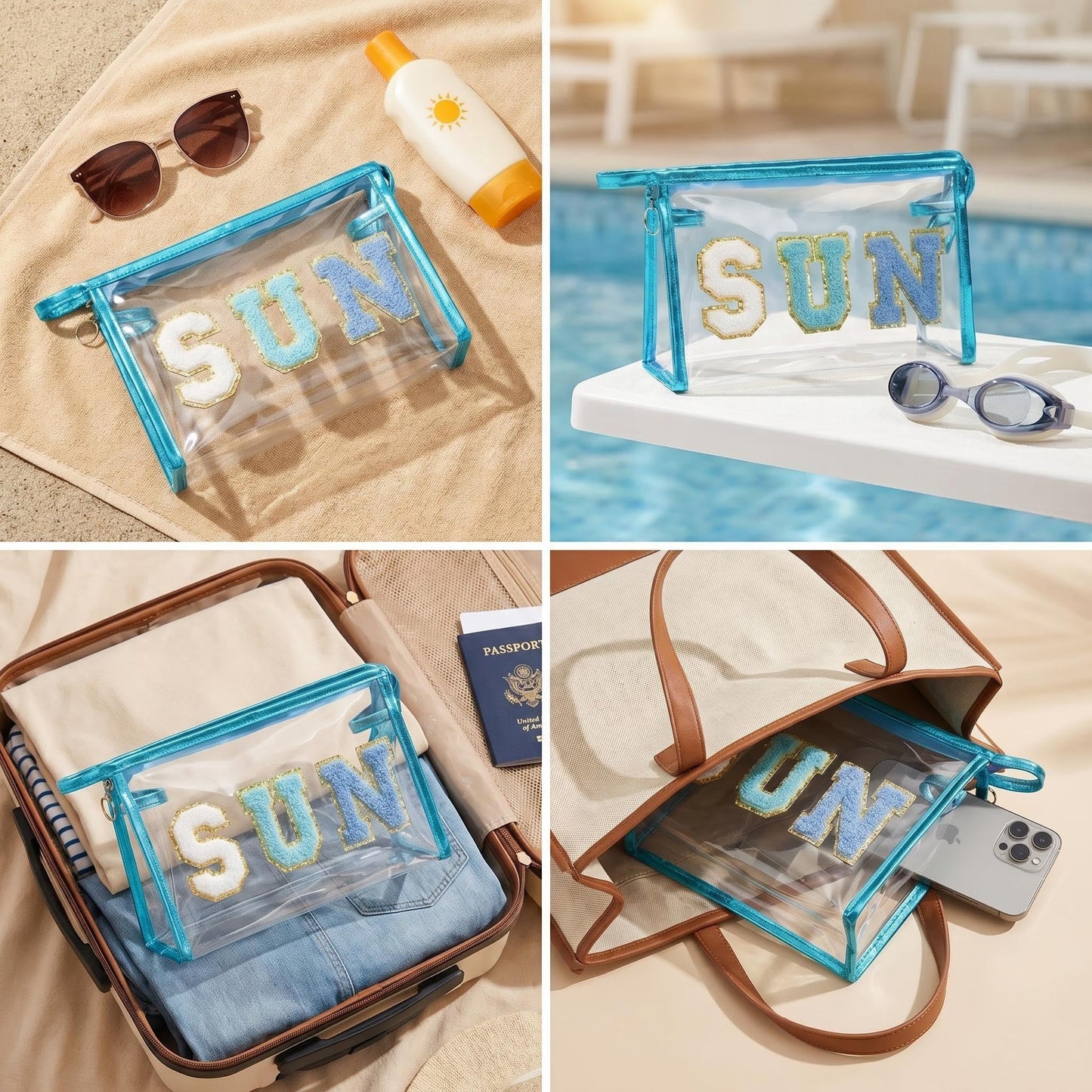 NOVAHAUS Clear Sunscreen Bag Makeup Toiletry Pouch, Waterproof Travel Cosmetic Organizer for Beach Pool Vacation, Transparent Sunscreen Bags with Blue Design for Women Teen Girls