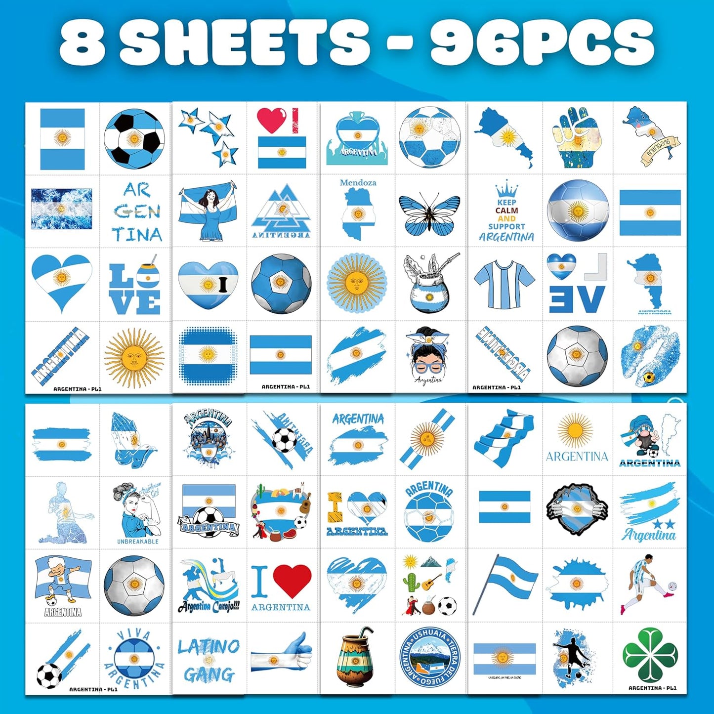 Argentina Soccer Party Favors - 96 PCS Pre-Cut Temporary Tattoos for Birthday Decor | Football Blue Stickers for Kids