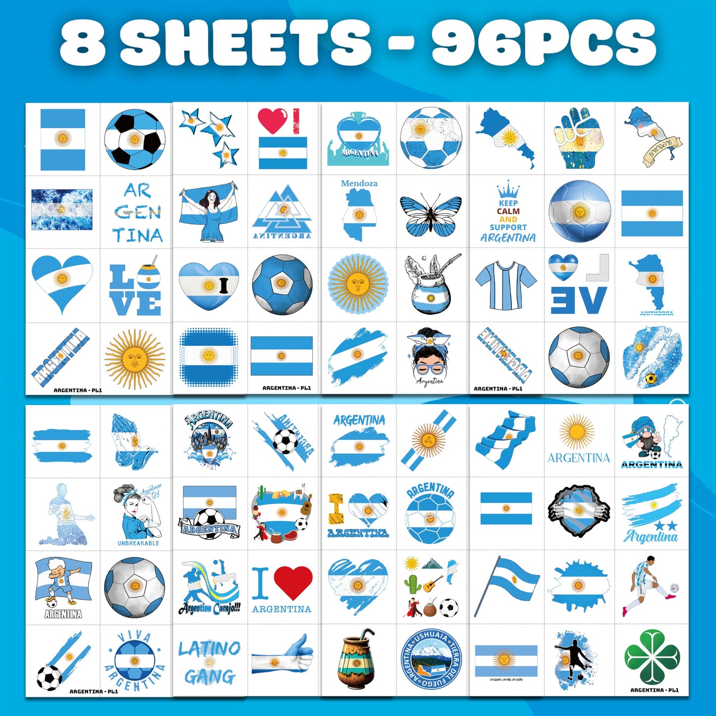96 PCS Argentina Soccer Party Favors - Pre-Cut Temporary Tattoos Themed Birthday Party Decorations Supplies Decor Favors Football Blue Argentinian Tattoo Stickers Gifts For Game Boys Girls