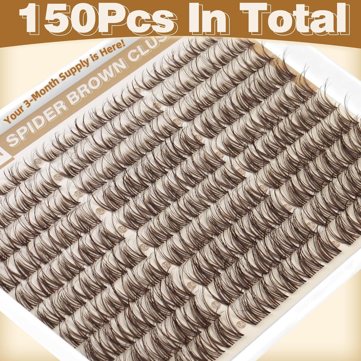 Spider Lash Clusters | Brown Wispy Eyelash Extensions - D Curly, Invisible Band, 8-14MM, 150 Pcs