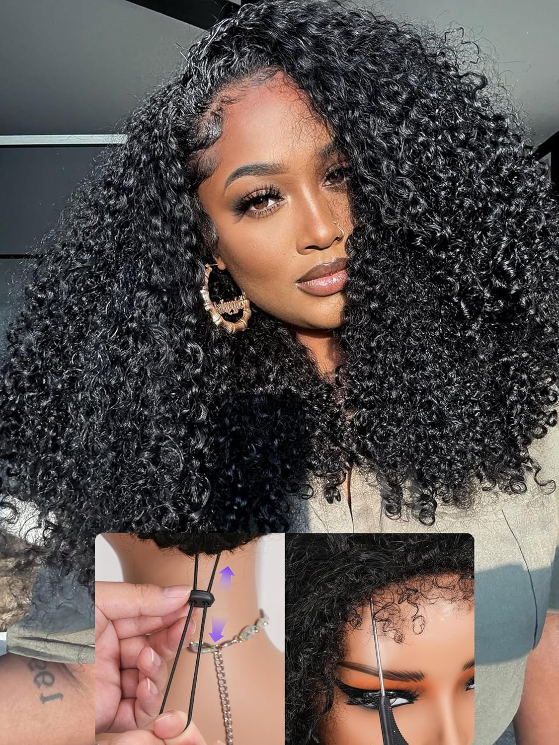 Kinky Curly Half Wig - Virgin Human Hair 1B | Glueless Drawstring | 22" True Length for Active Wear