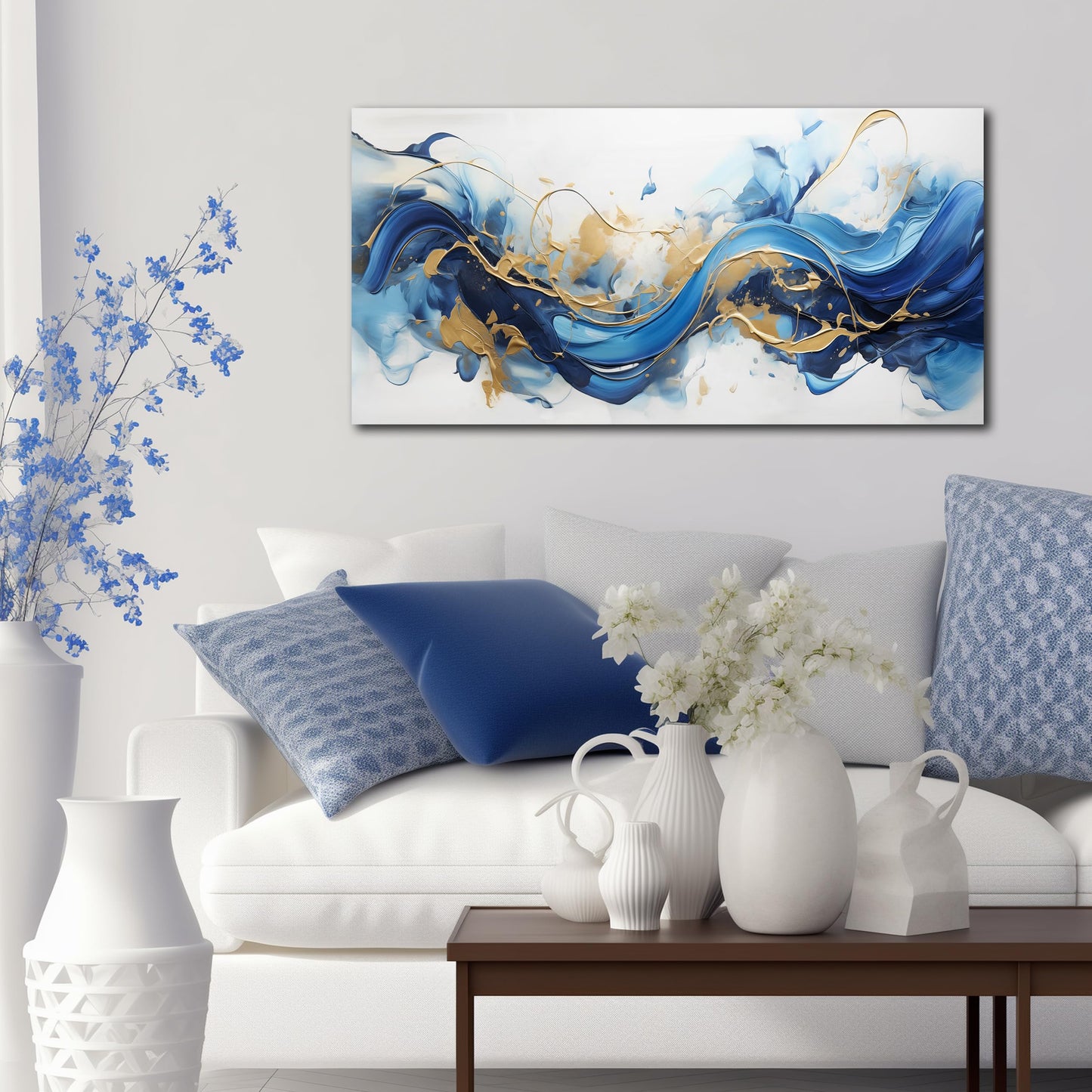 AUUZAIUA Abstract Canvas Wall Art for Living Room Blue and Gold Fluid Wave Pictures Modern Artwork for Bedroom Office Canvas Prints 20x40 Inches