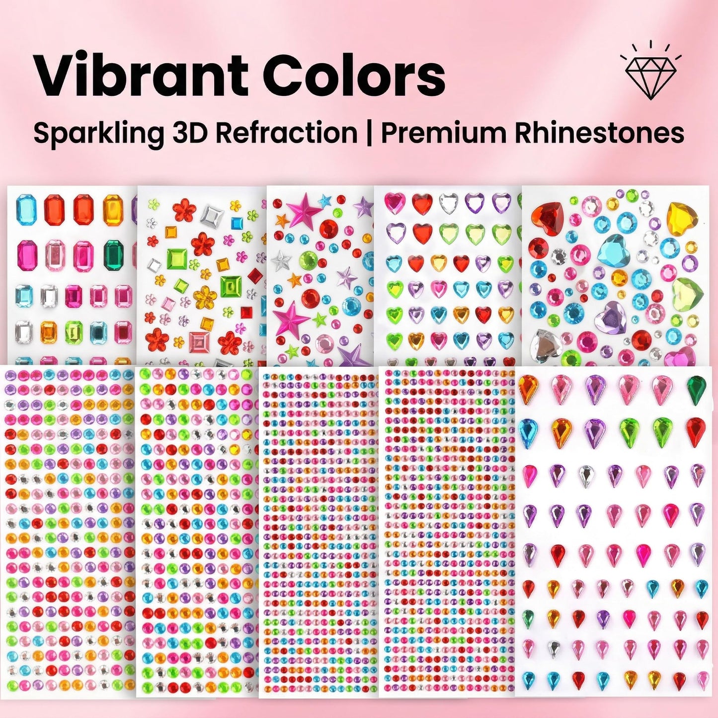 Diamond Art Accessories, 10 Sheets Self-Adhesive Gem Stickers Multi-Shape Bling Rhinestone Stickers Sparkling Diamond Painting Dots for Kids DIY Craft Scrapbook School Project Decoration