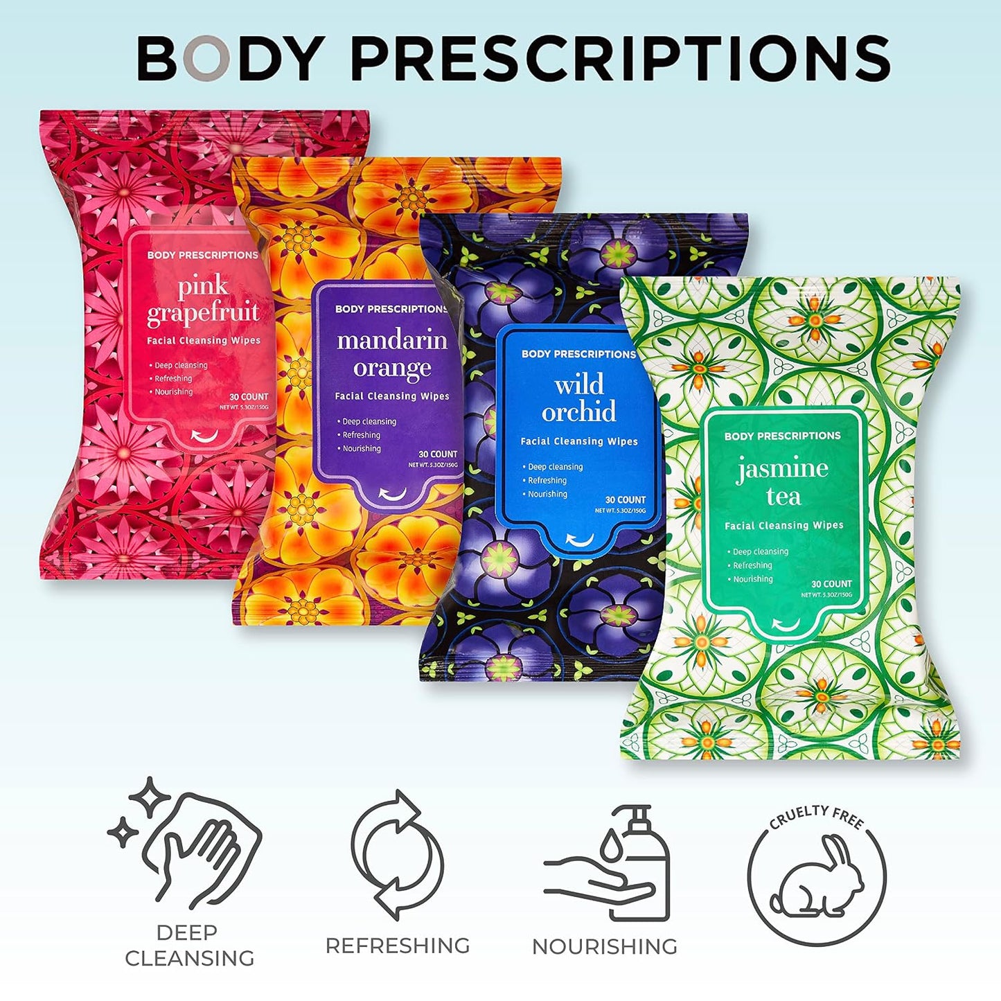 Makeup Remover Wipes - Gentle Cleansing Wipes for Easy Makeup Removal | Mandarin, Orchid, Grapefruit & Jasmine Tea - Bulk Pack