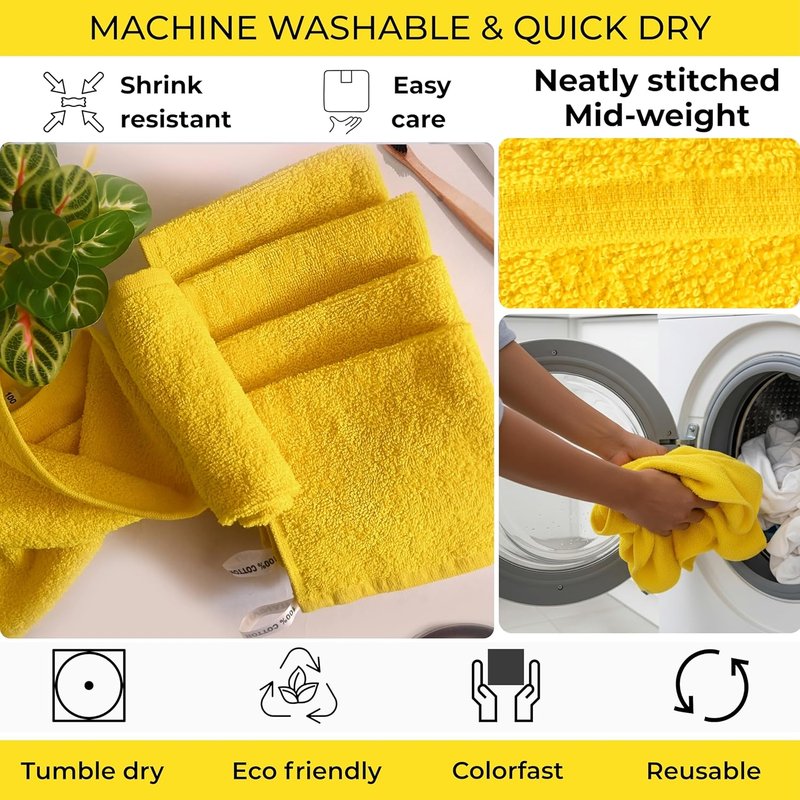 100% Cotton Yellow Wash Cloths - Soft Absorbent Terry Towels | 12"x12" | 6 Pack for Adults & Kids
