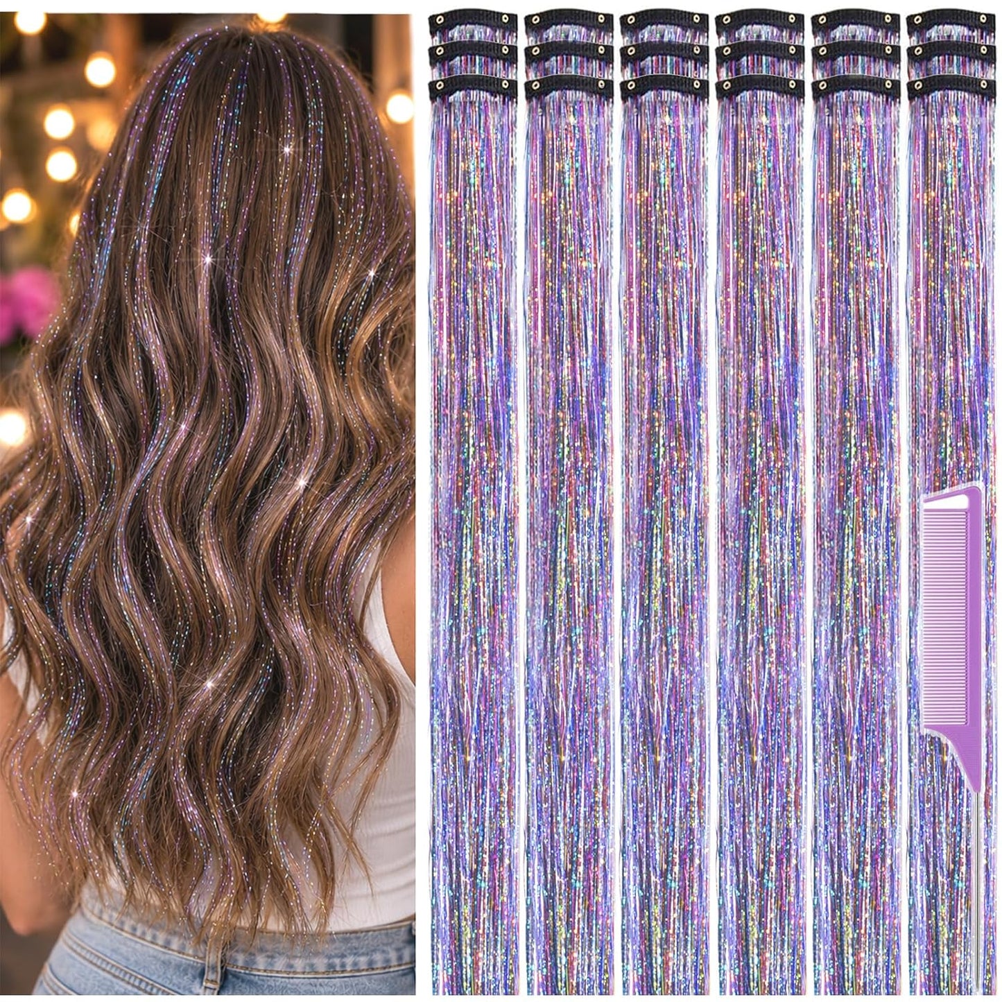Hair Tinsel Clip-Ins - 22 Inch Glitter Hair Extensions Kit | 18 Pcs for Women & Girls - Gold, Silver, Pink