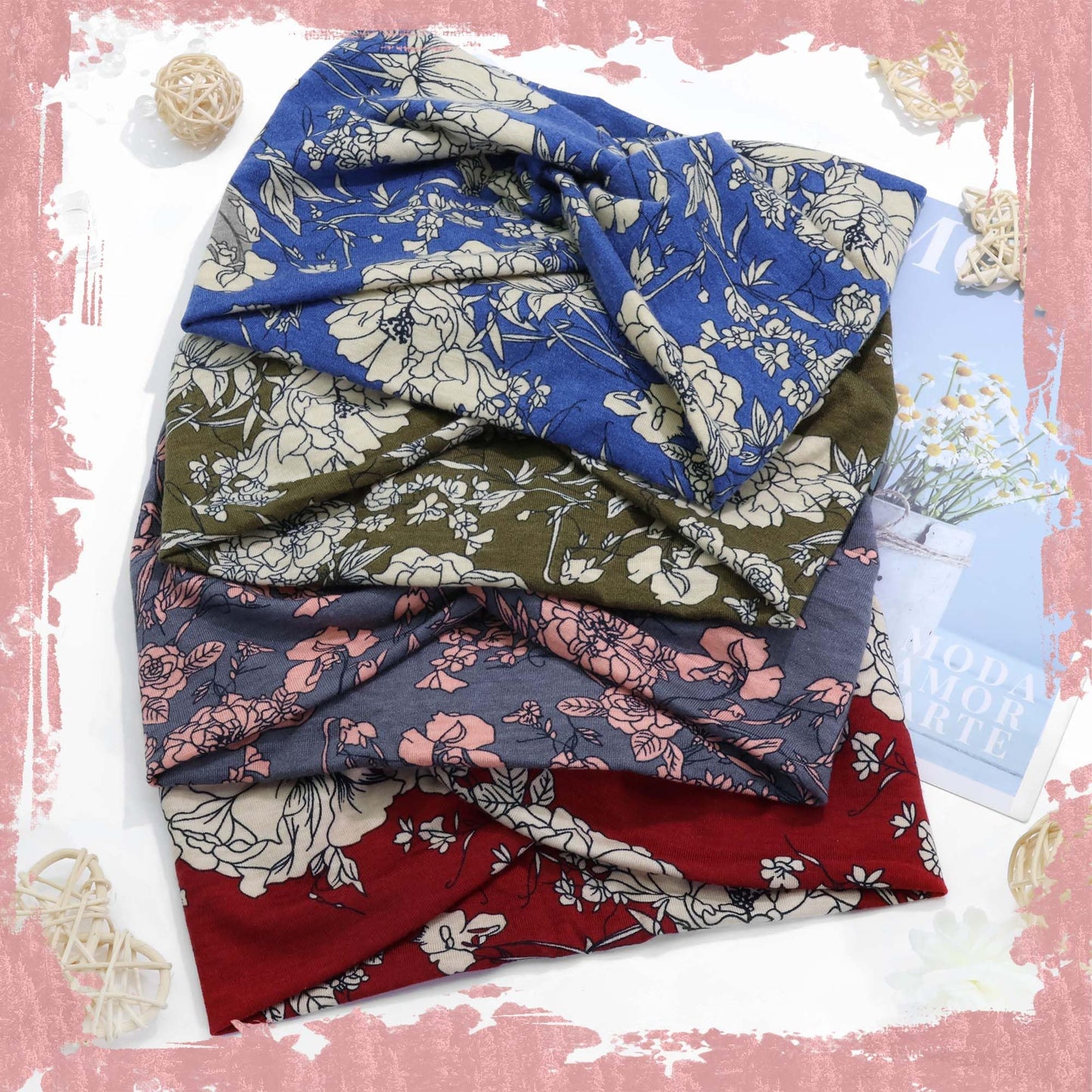 FARSYOD Boho Headbands For Women Wide Floral Hairbands Crisscross Stretchy Headwraps Fashion African Hair Turban Band for Girls Ladies NonSlip Workout Yoga Daily Life 4 Pack