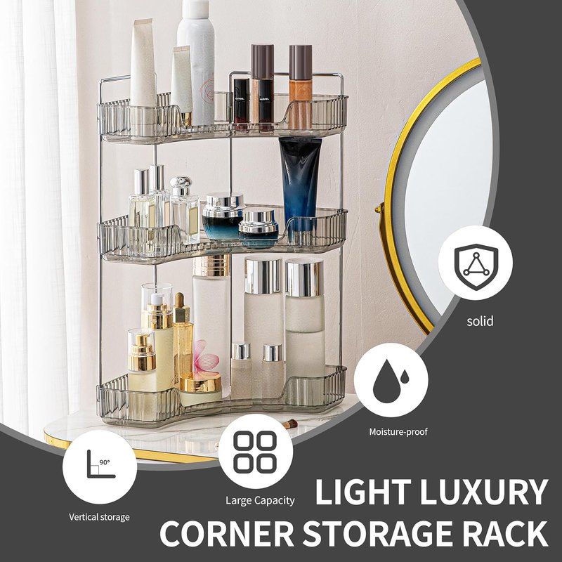 Corner Bathroom Counter Organizer - 3-Tier Makeup & Skincare Tray | Smoky Gray