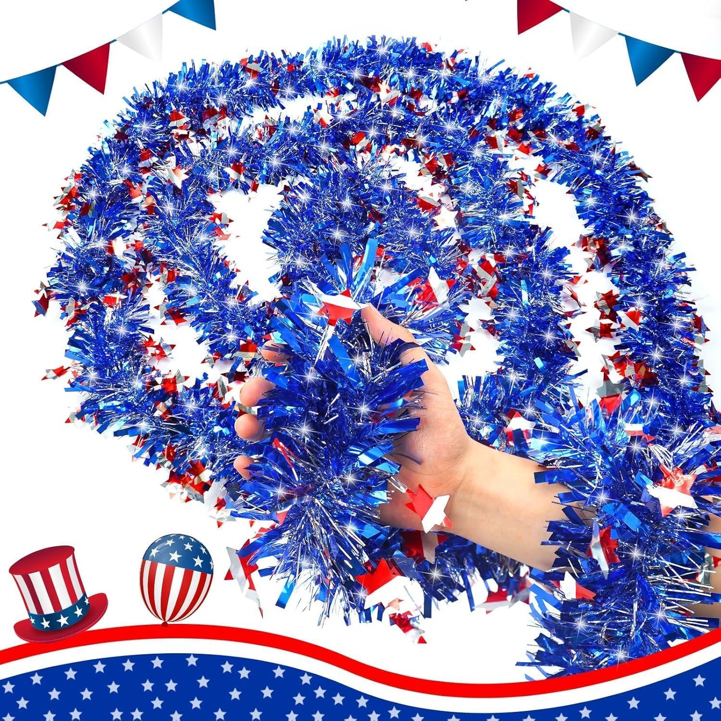 4th of July Decorations - Red, White & Blue Metallic Tinsel Garland for Holiday Parties | 50FT
