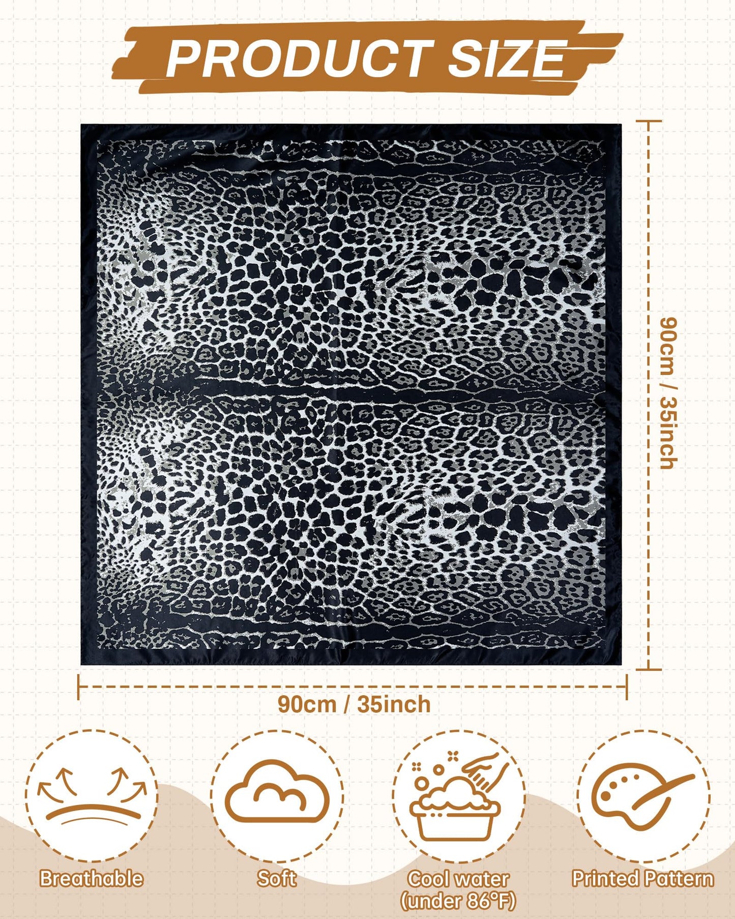 Mesovor 35” Square Head Scarf for Women, 3 Pack Like Silk Satin Headscarf Hair Neck Scarf Top Bandanas for Sleeping (Leopard(Black/Yellow/Coffee))
