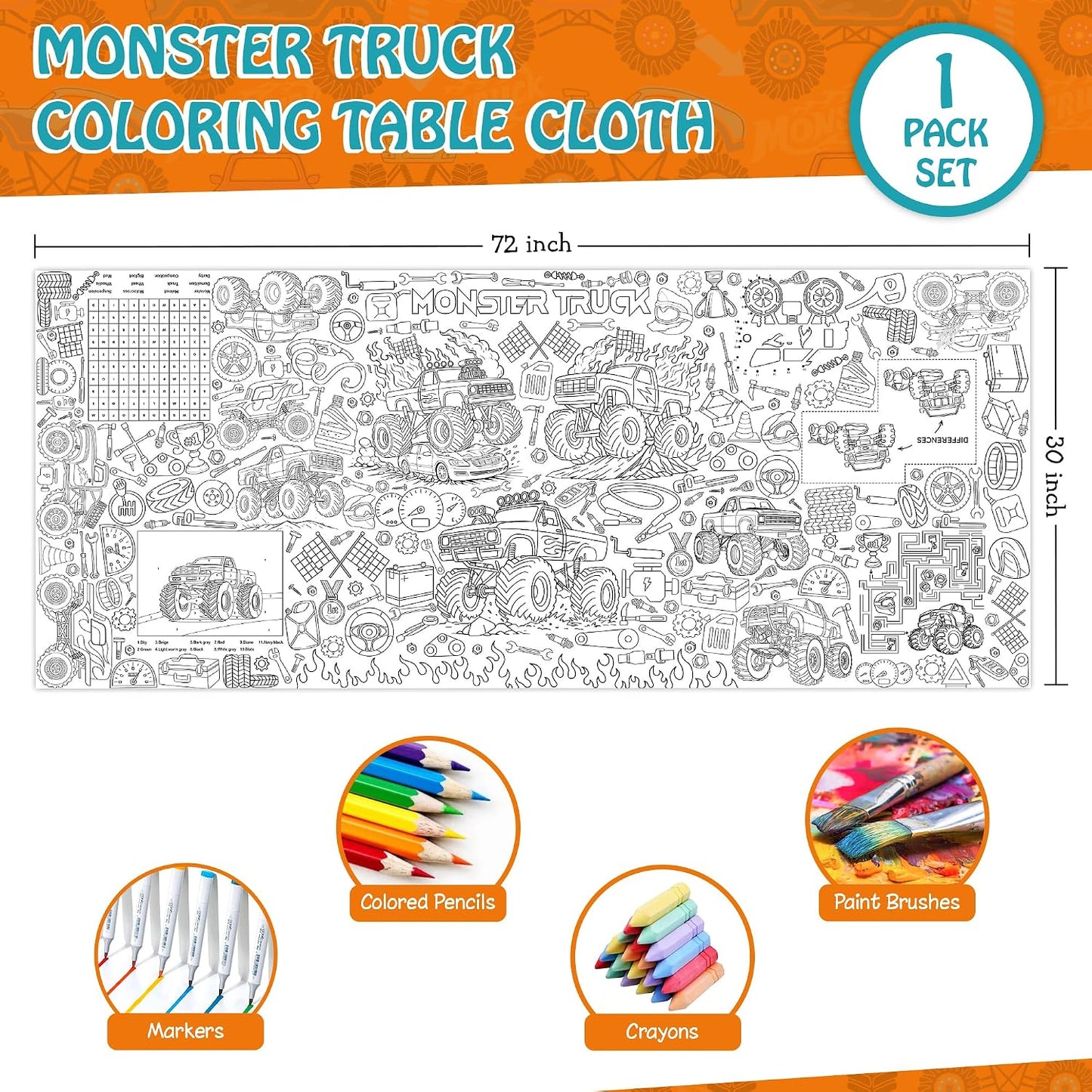 Monster Truck Coloring Tablecloth - Large 30x72 Inch for Kids | Perfect for Birthday Parties & Classroom Fun