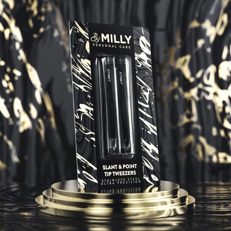 By MILLY Precision Tweezers Set | Slanted & Pointed Tip Tweezers Kit | High Carbon Stainless Steel | Aligned & Hand-Filed Tweezer Set Professional | Hair Removal & Eyebrow Tweezer Set | Black