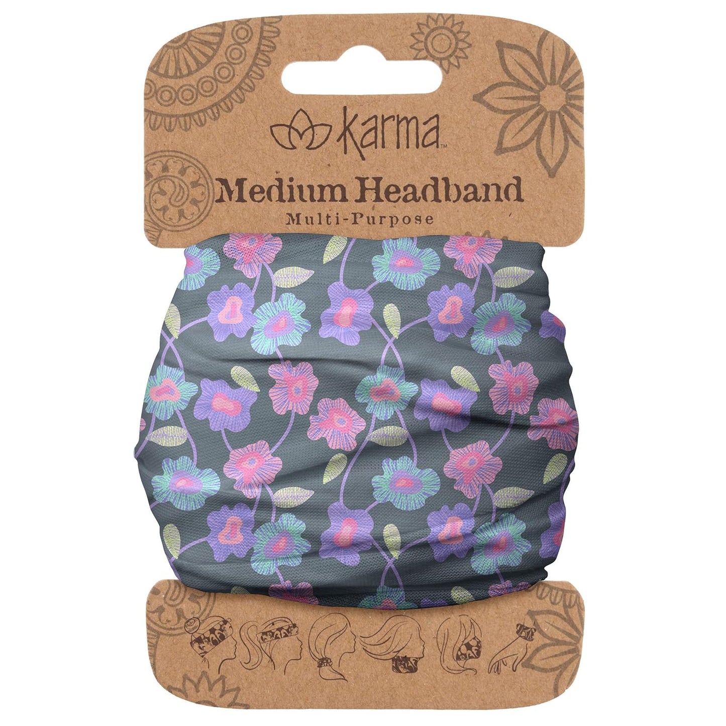 Floral Headband for Women | Stretchy Fabric Hair Scarf - Light Tan & Blue - Medium Size