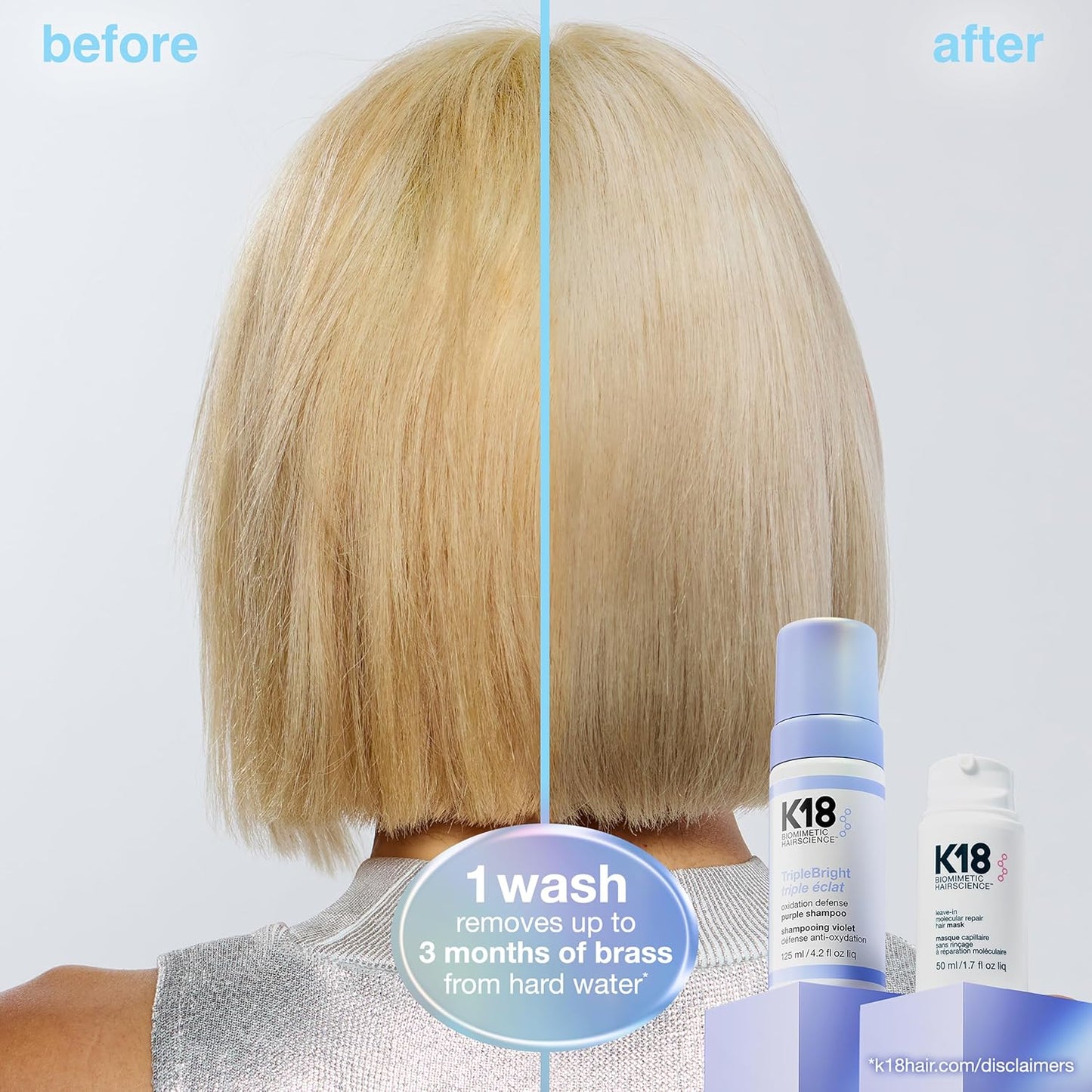 K18 TripleBright Purple Shampoo - Oxidation Defense for Brighter Blonde | Non-Staining, 4.2 Fl Oz