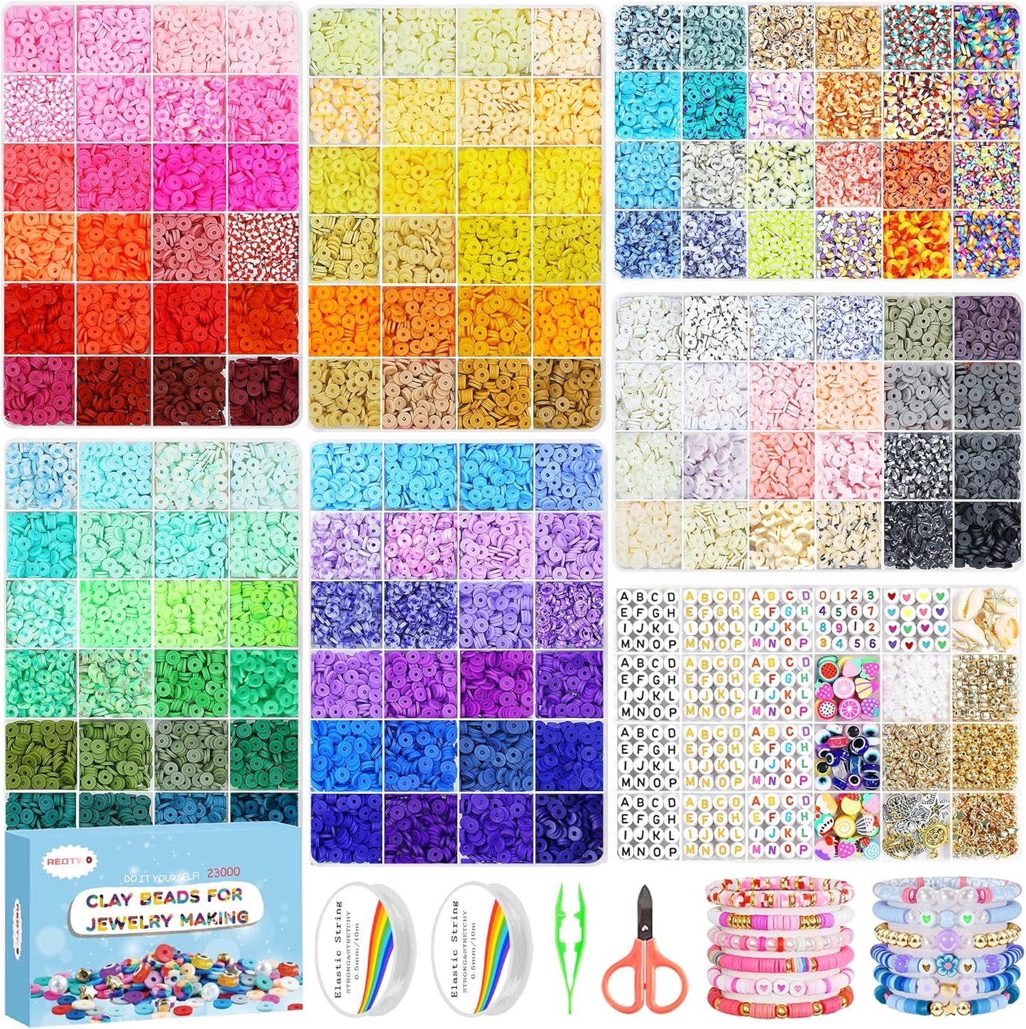 Clay Beads Bracelet Making Kit - Flat Preppy Polymer Heishi Beads with Charms | Craft Gifts for Girls Ages 8-12