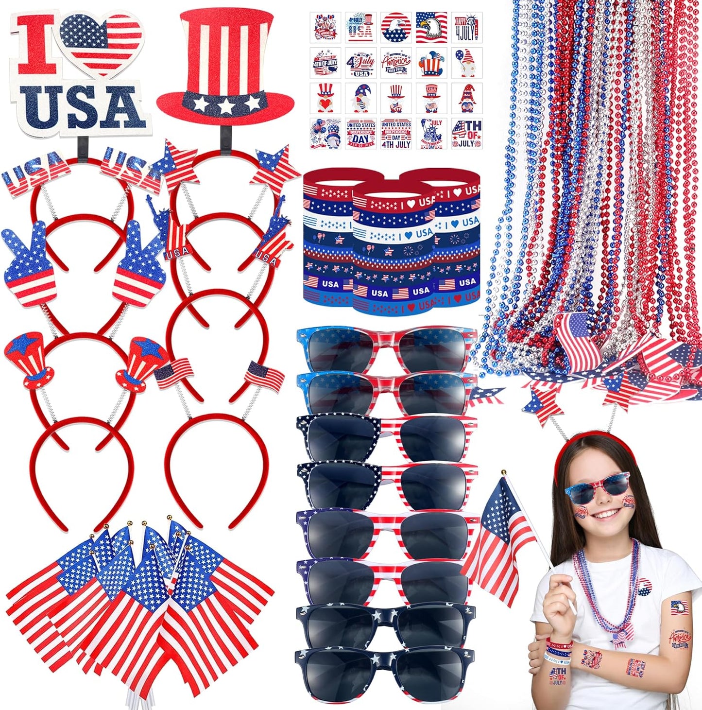 4th of July Accessories Set - 188PCS Party Favors & Decorations | Headbands, Glasses, Necklaces, Tattoos