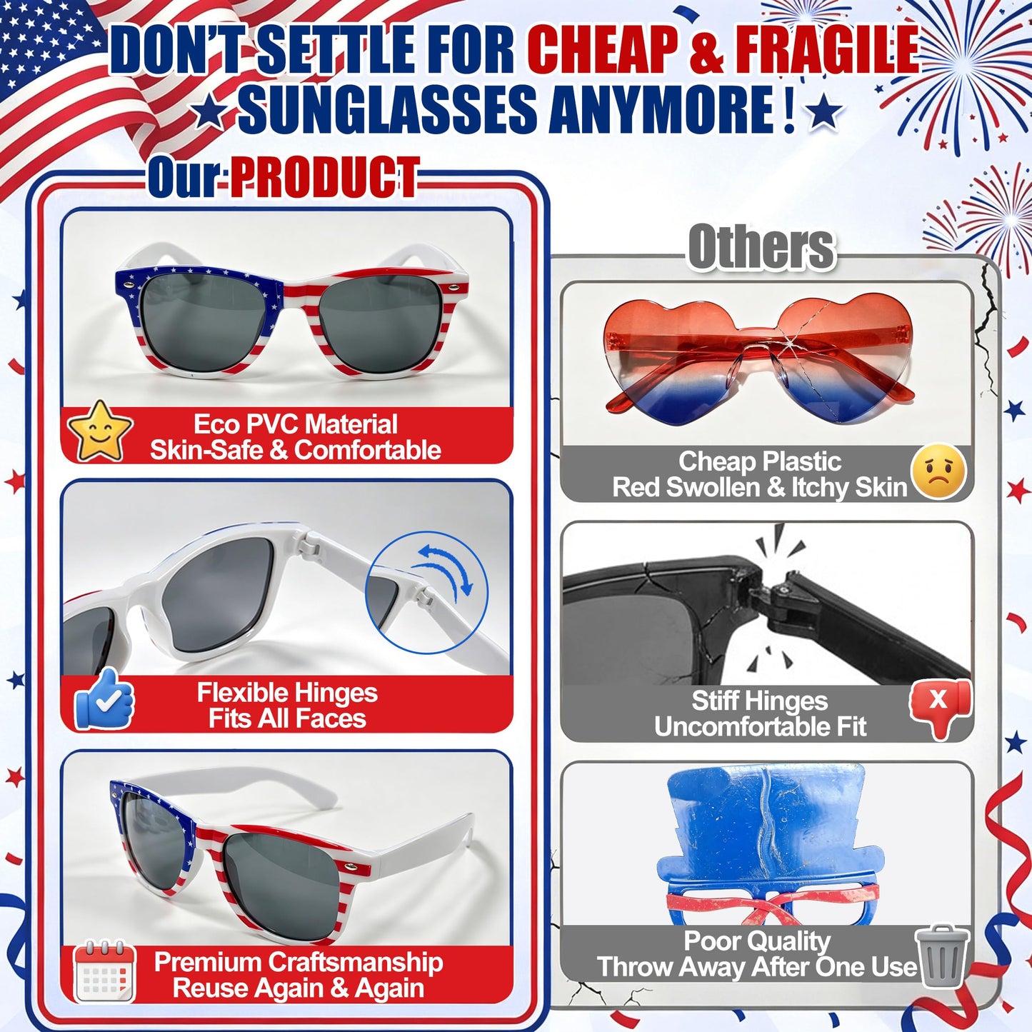 LIONO 11 Pack 4th of July Sunglasses, 250th Anniversary Patriotic USA Glasses, American Flag Sunglasses Red White Blue, Independence Day Memorial Day Party Favors for BBQ, Parade, Photo Booth Props