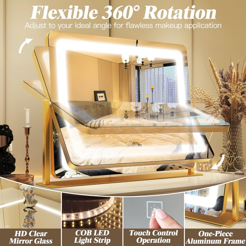 LED Vanity Mirror with Lights - 17" x 22" Lighted Makeup Mirror with 10X Magnification | 3 Color Modes & Dimmable - Gold Finish