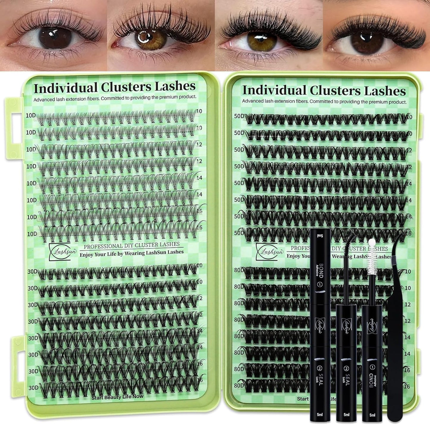 Lash Clusters Kit - Wispy DIY Eyelash Extensions with Bond & Seal | 10-16mm Sizes for Travel or Home Use