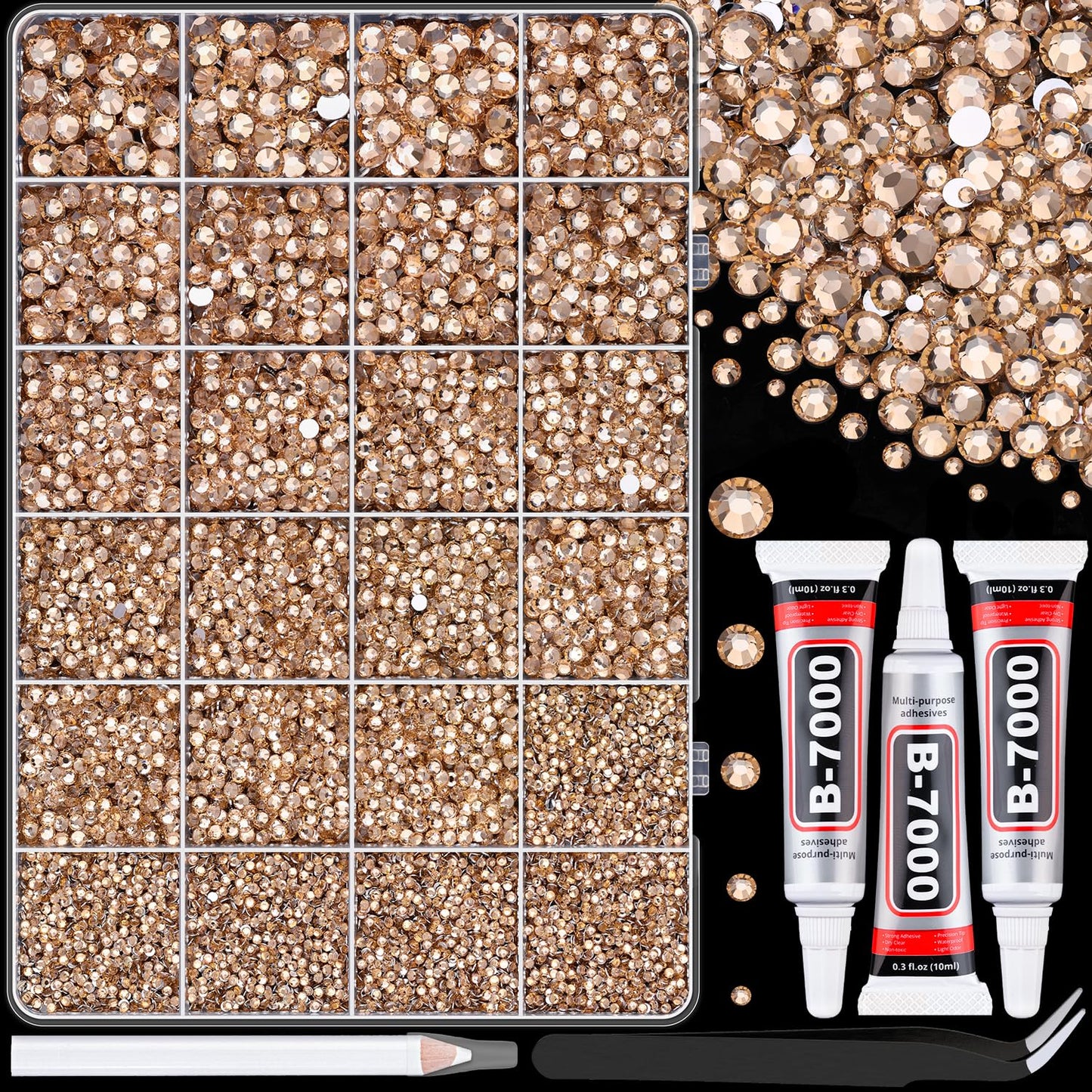 Resin Rhinestones - 32000 Pcs Flatback Gems for Bedazzling | Silver Clear Crystal Kit with 3 Pcs B7000 Glue for Nail Art & Crafts