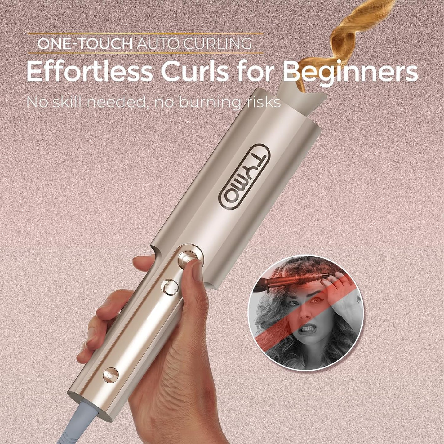 Tymo CurlPro Plus Automatic Rotating Curling Iron - 1-Inch Ceramic Wand for Long Hair | Anti-Scald, Tangle-Free, Dual Voltage, Gold