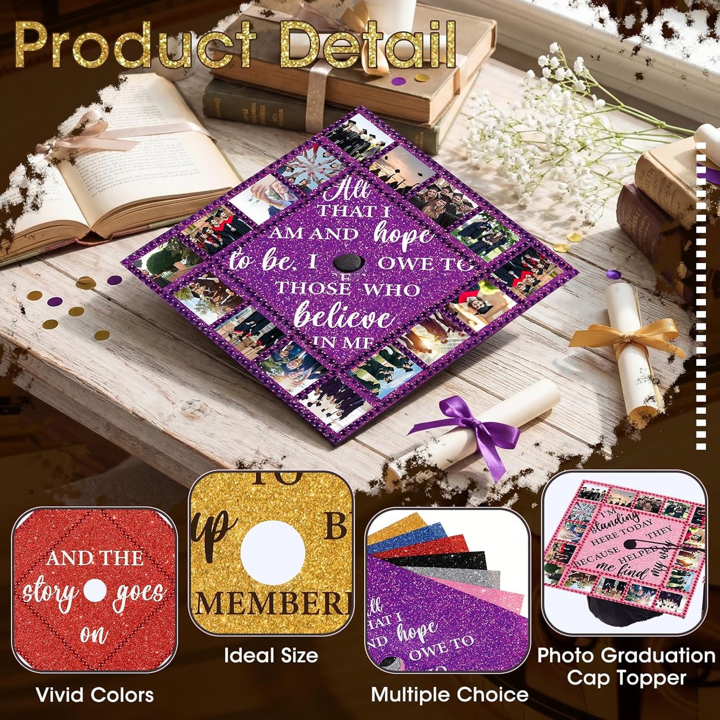 Personalized Graduation Cap Topper - 14 Pcs DIY Glitter Decorations | Includes 7 Pearl Stickers for 2026