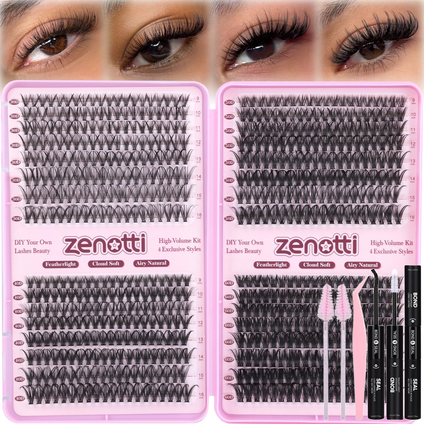 Lash Clusters Kit, 640PCS Natural Eyelash Clusters Kit 30D 40D 50D 60D Wispy Cluster Eyelash Extensions 9-16mm Daily Look Individual Lashes Soft Band with Lash Bond & Seal Tweezers Brush by zenotti