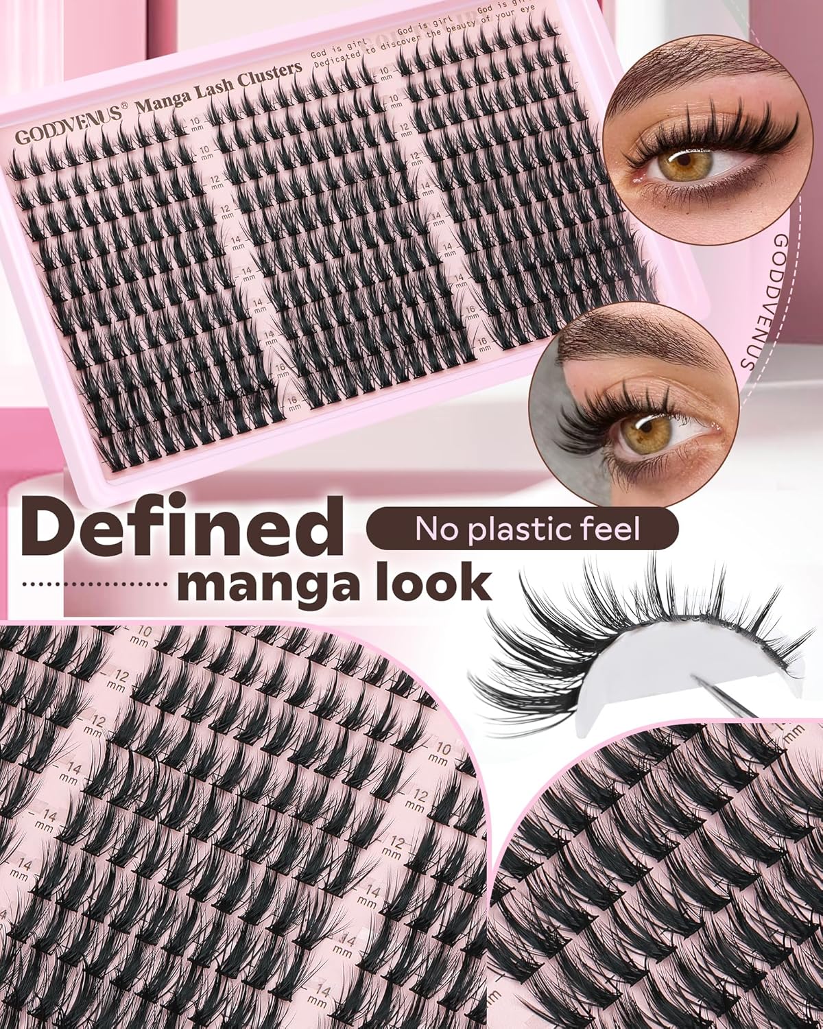 Goddvenus Manga Lash Clusters Kit - 300 Pcs Wispy Fluffy Eyelash Extensions | CC Curve 10-16mm for Anime Cosplay
