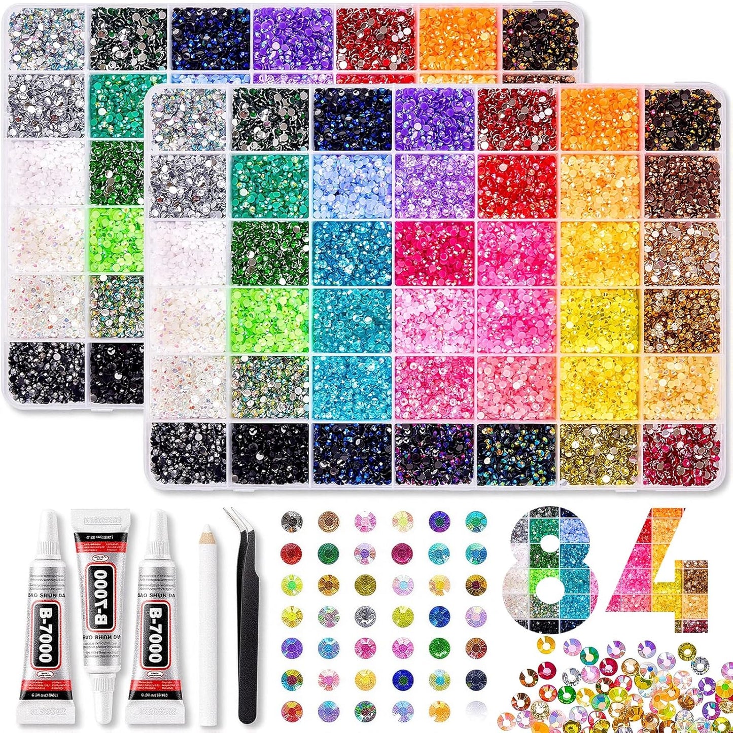 Bedazzling Rhinestone Kit - 80000 Pcs 3mm Flatback Gems in 42 Colors | Includes B7000 Glue, Tweezers & Pen for Crafts, Nail Art, Tumblers