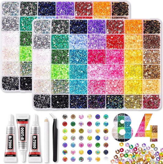 Bedazzling Rhinestone Kit - 80000 Pcs 3mm Flatback Gems in 42 Colors | Includes B7000 Glue, Tweezers & Pen for Crafts, Nail Art, Tumblers