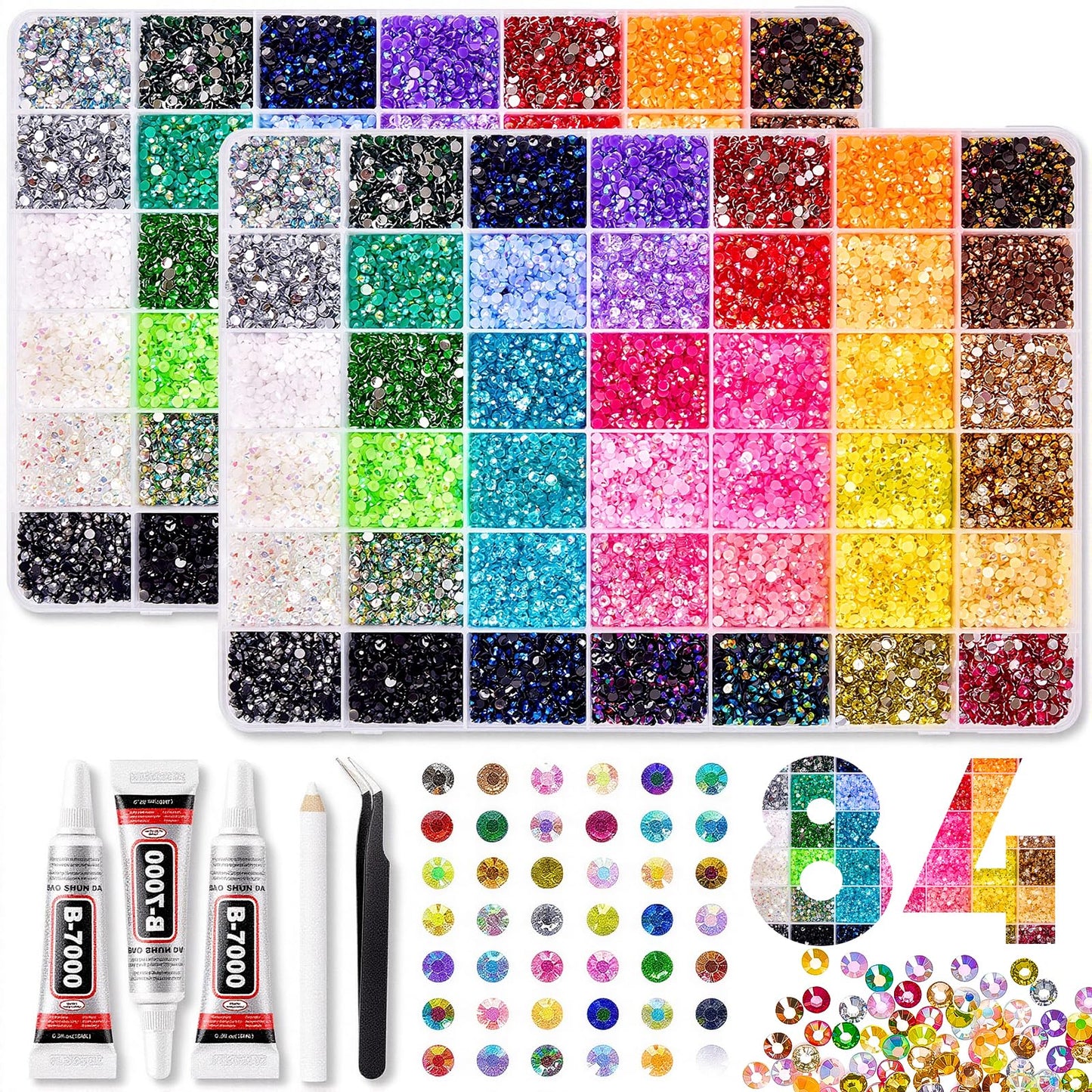 80000Pcs Bedazzling Kit with 5mm Rhinestones, 42 Colors Resin Flatback Nail Rhinestones, Bedazzler Kit with 3 B7000 Glue, Tweezers & Pen, Gems for Crafts, Clothes, Tumblers, Nail Art