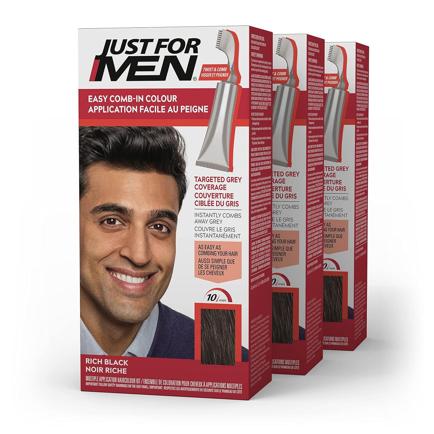 Just For Men Easy Comb-In Color Hair Dye - Darkest Brown, No Mix Applicator, Pack of 3