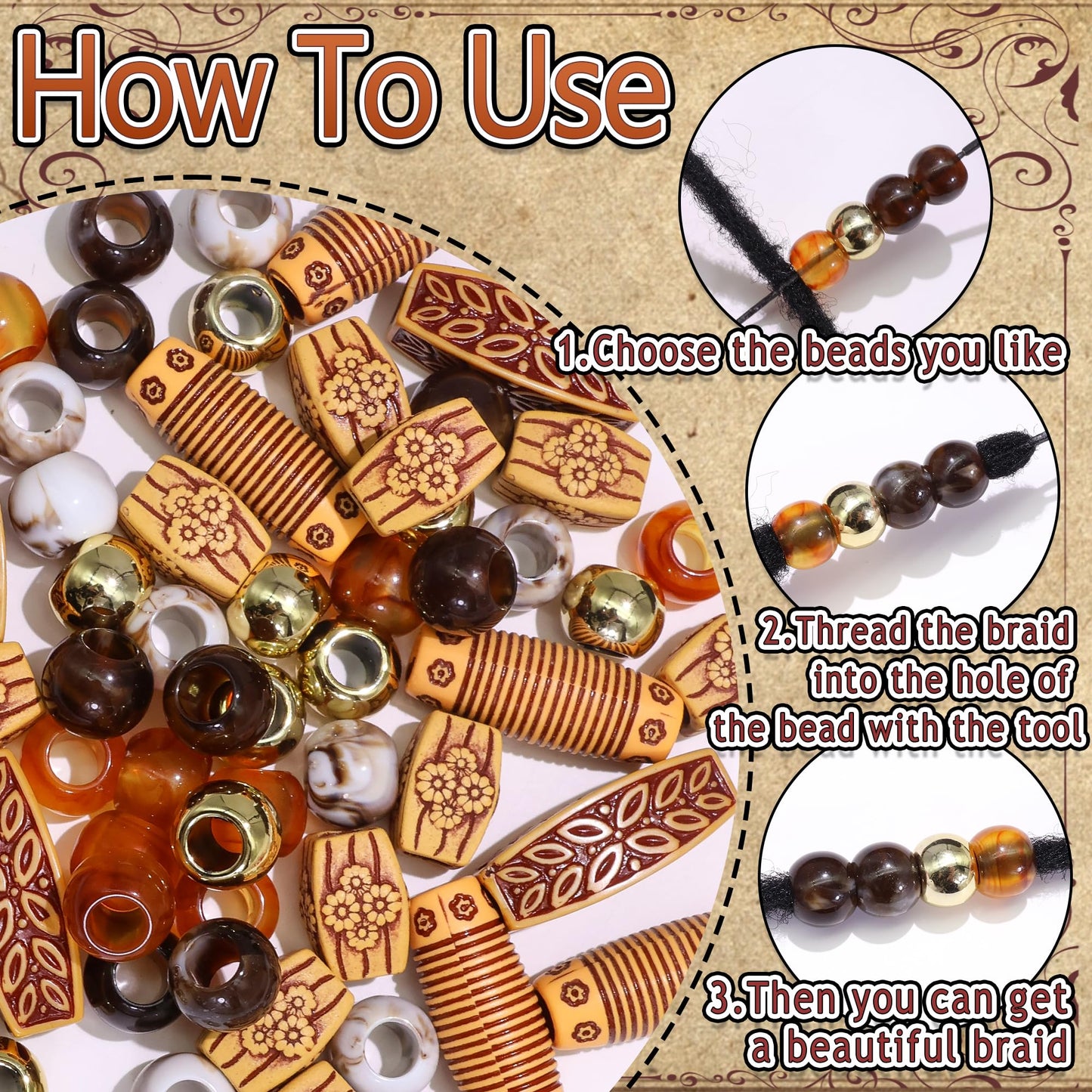 NAISKA 60PCS Wood Hair Beads for Braids Brown Long Tube Beads 7 Styles Hair Jewelry for Women Braids Acrylic Round Imitation Wood Dreadlock Bead African Braids Accessories for Women Girls