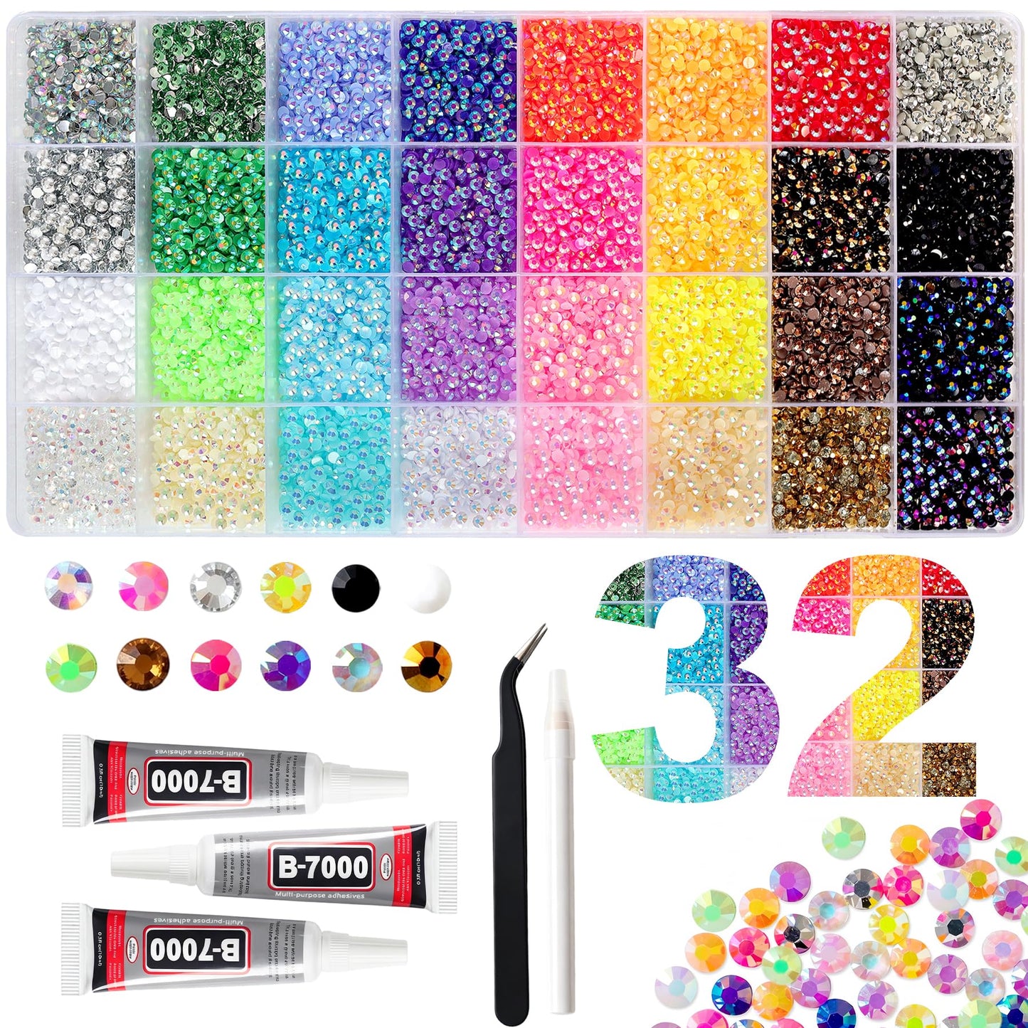 45000Pcs 32 Colors Jelly Rhinestones for Bedazzling, 3mm Resin Flatback Gems for Diamond Art, Bedazzler Kit with 3Pcs B7000 Jewelry Glue for Crafting Bedazzled Book Shoes Nail