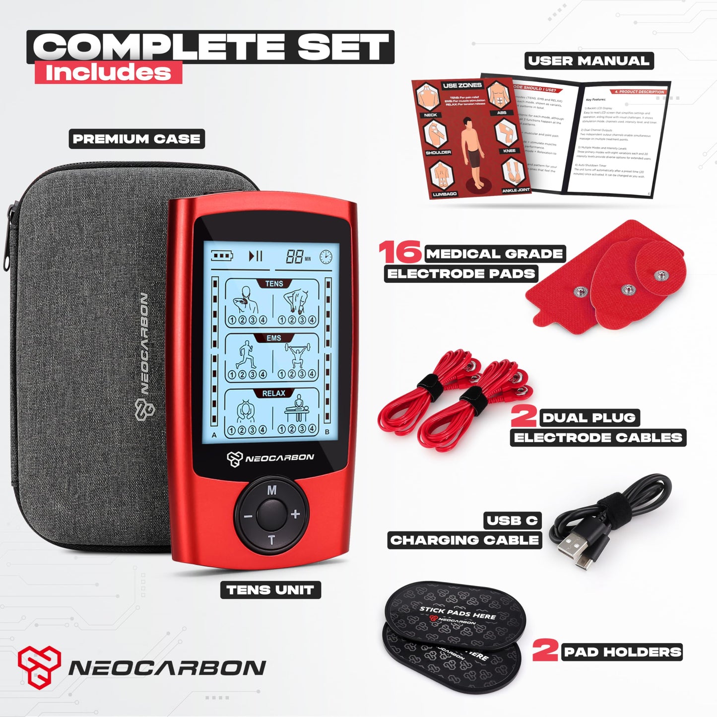 NEOCARBON TENS Unit Muscle Stimulator, Massager Machine for Shoulder, Neck, and Back Pain Relief, Electronic Pulse Massage Physical Therapy, Red