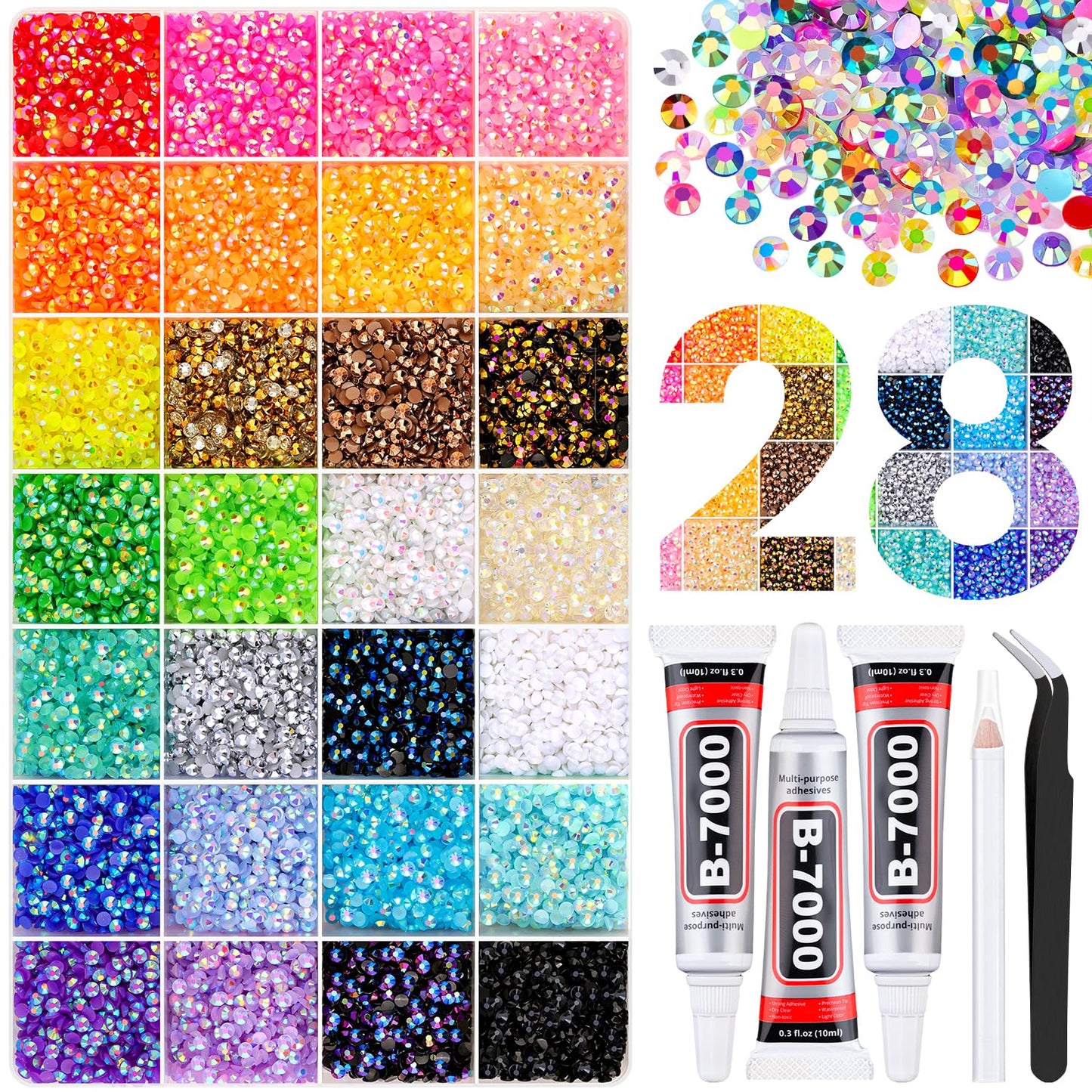 Jelly Rhinestones Bedazzling Kit - 36000 Multicolor 3mm Flatback Gems with 3Pcs B7000 Jewelry Glue | Perfect for Crafting & Nail Art