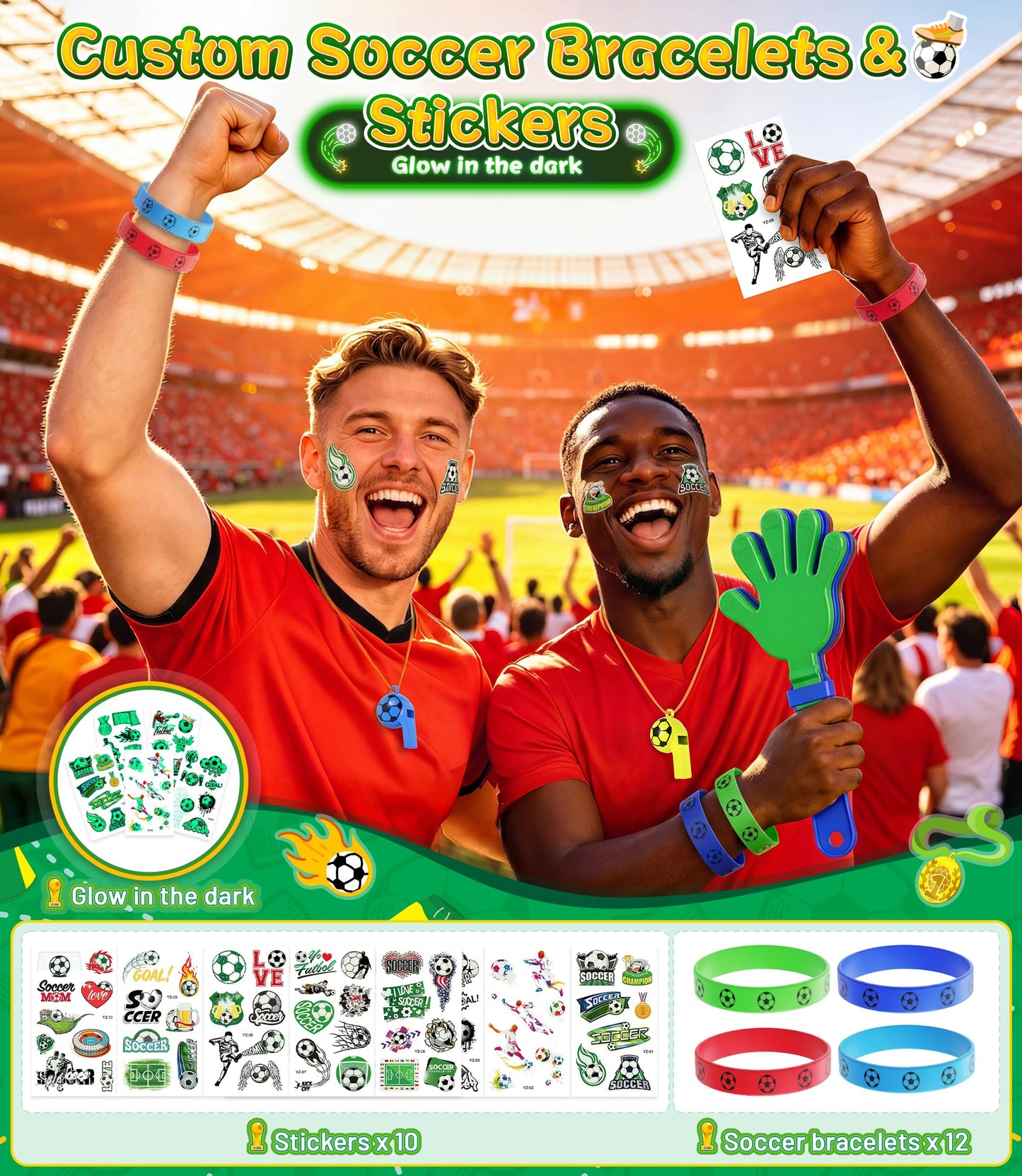 Soccer Party Favors 2026 Soccer Fan Support Accessories Kit, 48 PCS Cheering Supplies with Thundersticks, Clappers, Wristbands, Stickers for Sporting Events, Game Day Watch Party & Stadium Essentials
